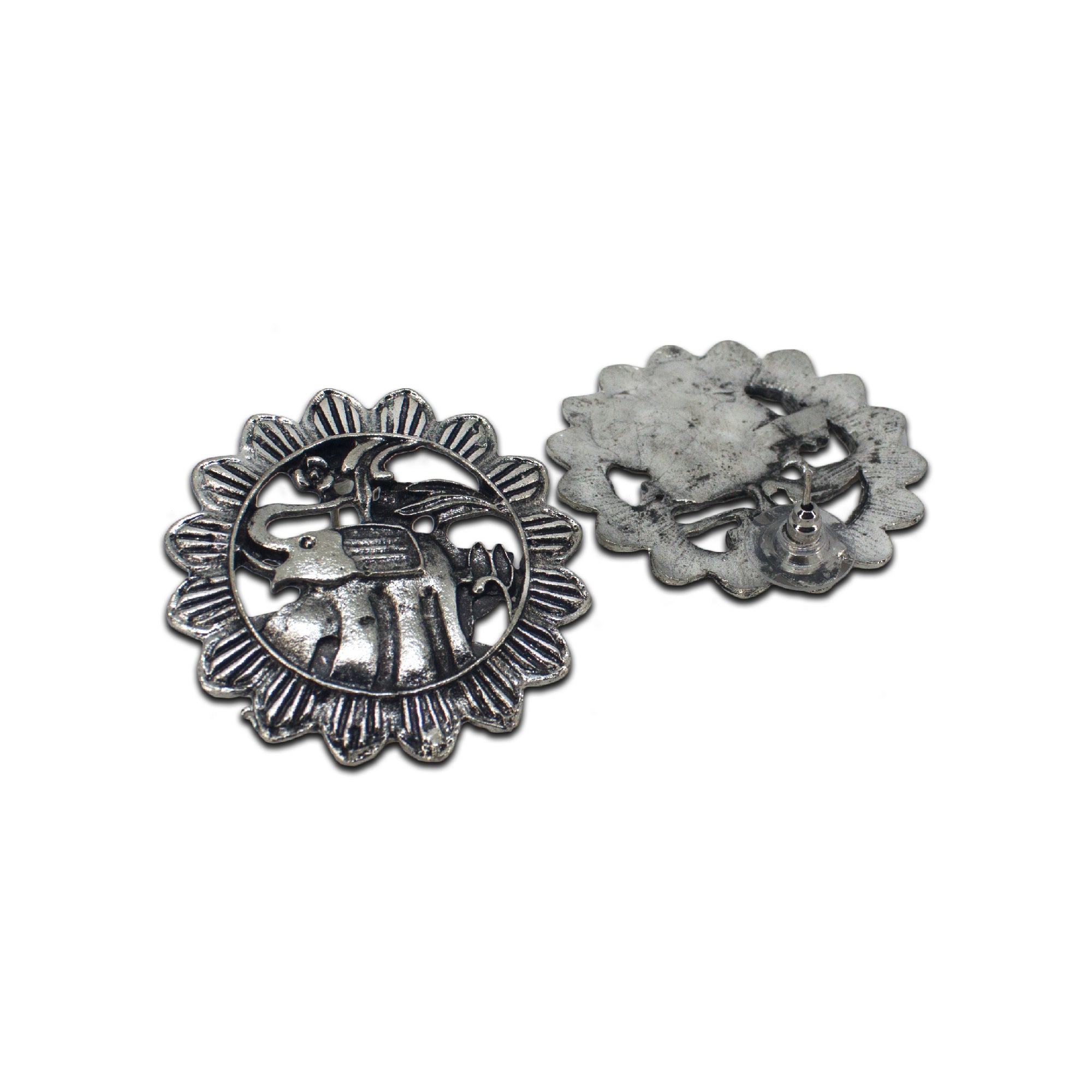 Abhinn Silver Oxidised Sun Shaped Elephant Design Big Stud Earrings For Women