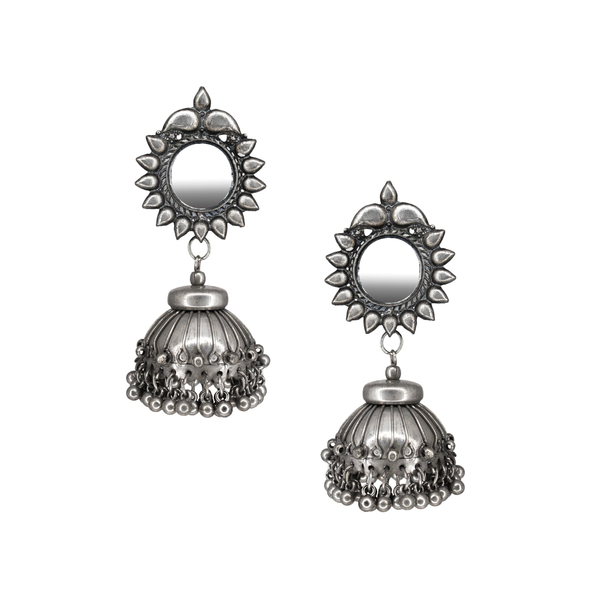Abhinn Handmade Silver Oxidised Mirror Stud Jhumki Earrings For Women