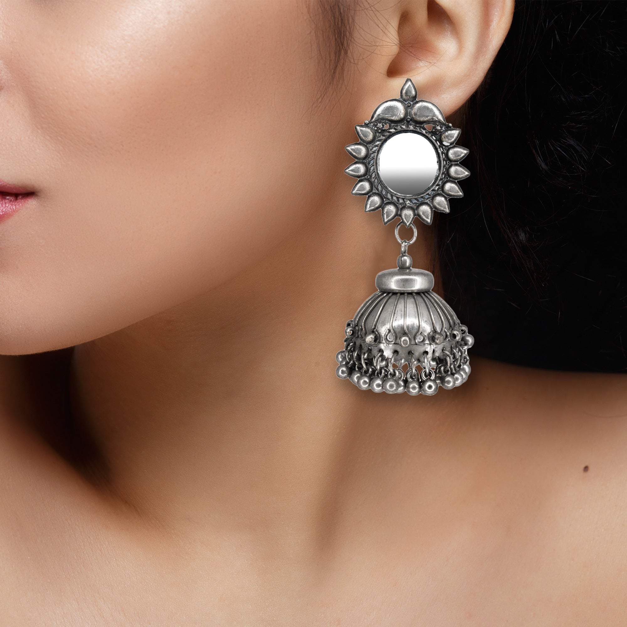 Abhinn Handmade Silver Oxidised Mirror Stud Jhumki Earrings For Women