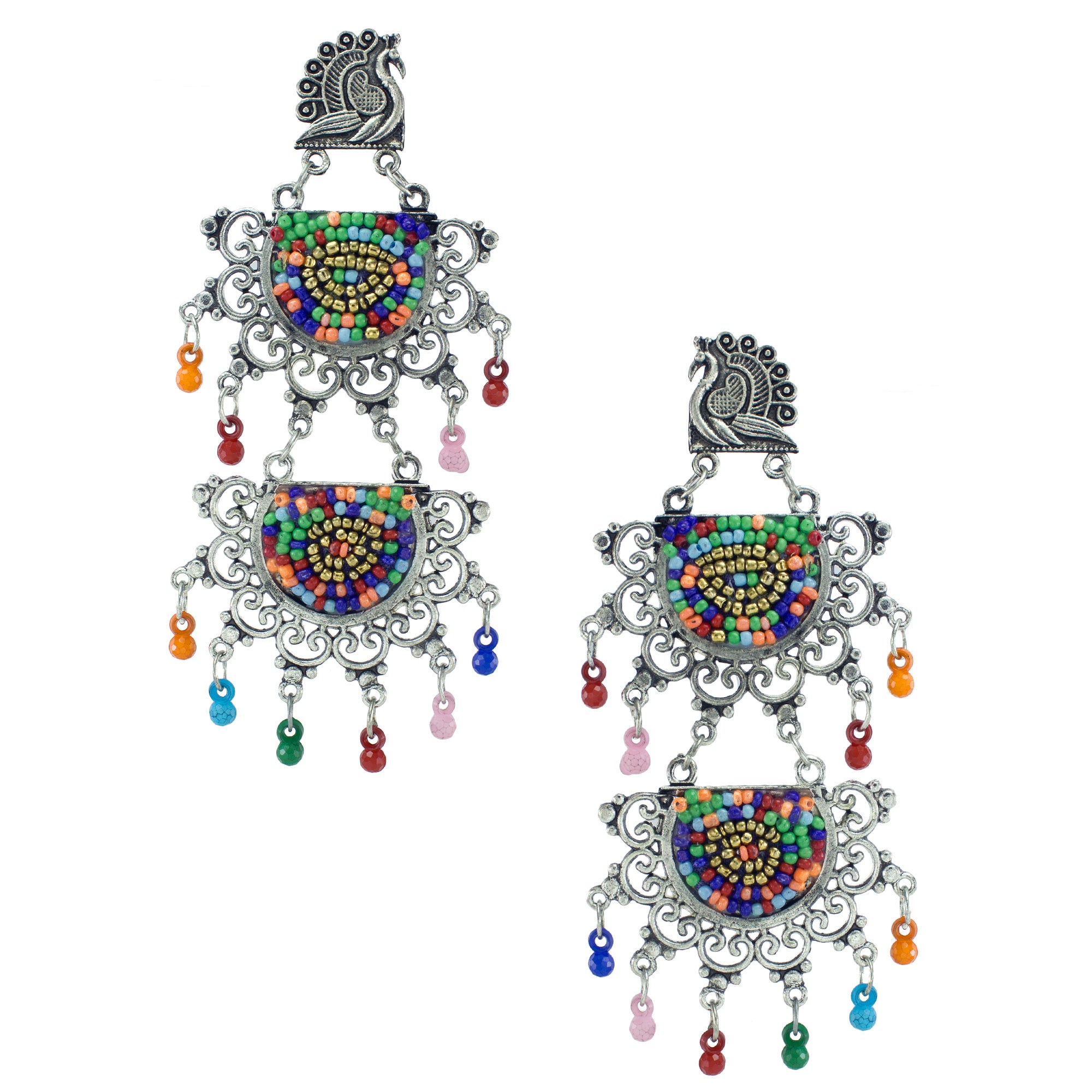 Abhinn Silver Oxidised Peacock Stud Multi Colour Beaded Dangler Earring For Women