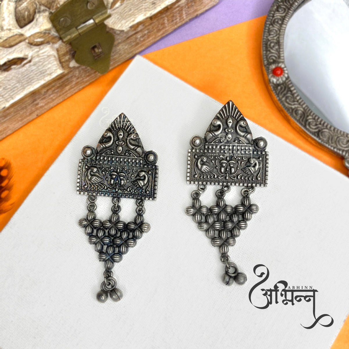 Abhinn German Silver Temple Design Dangler Earrings For Women