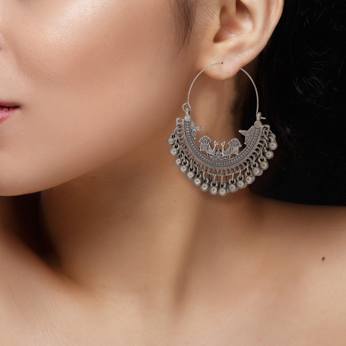 Abhinn Antique Finished Oxidised Floral And Peacock Design Hoop Earrings For Women