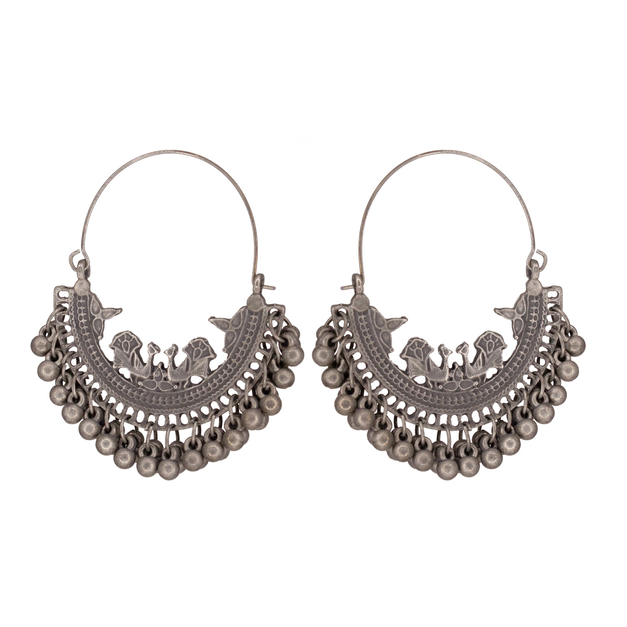 Abhinn Antique Finished Oxidised Floral And Peacock Design Hoop Earrings For Women