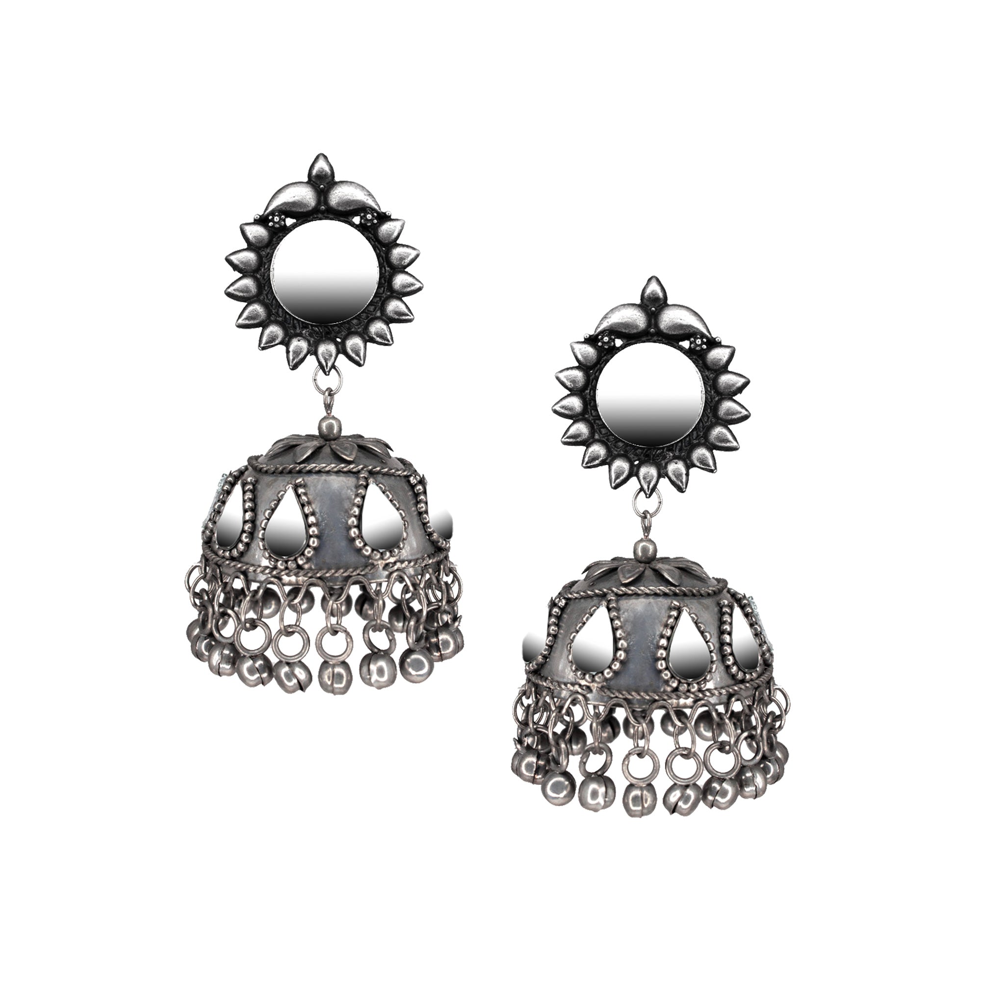Abhinn Handmade Silver Oxidised Mirror Stud Jhumka Earrings For Women