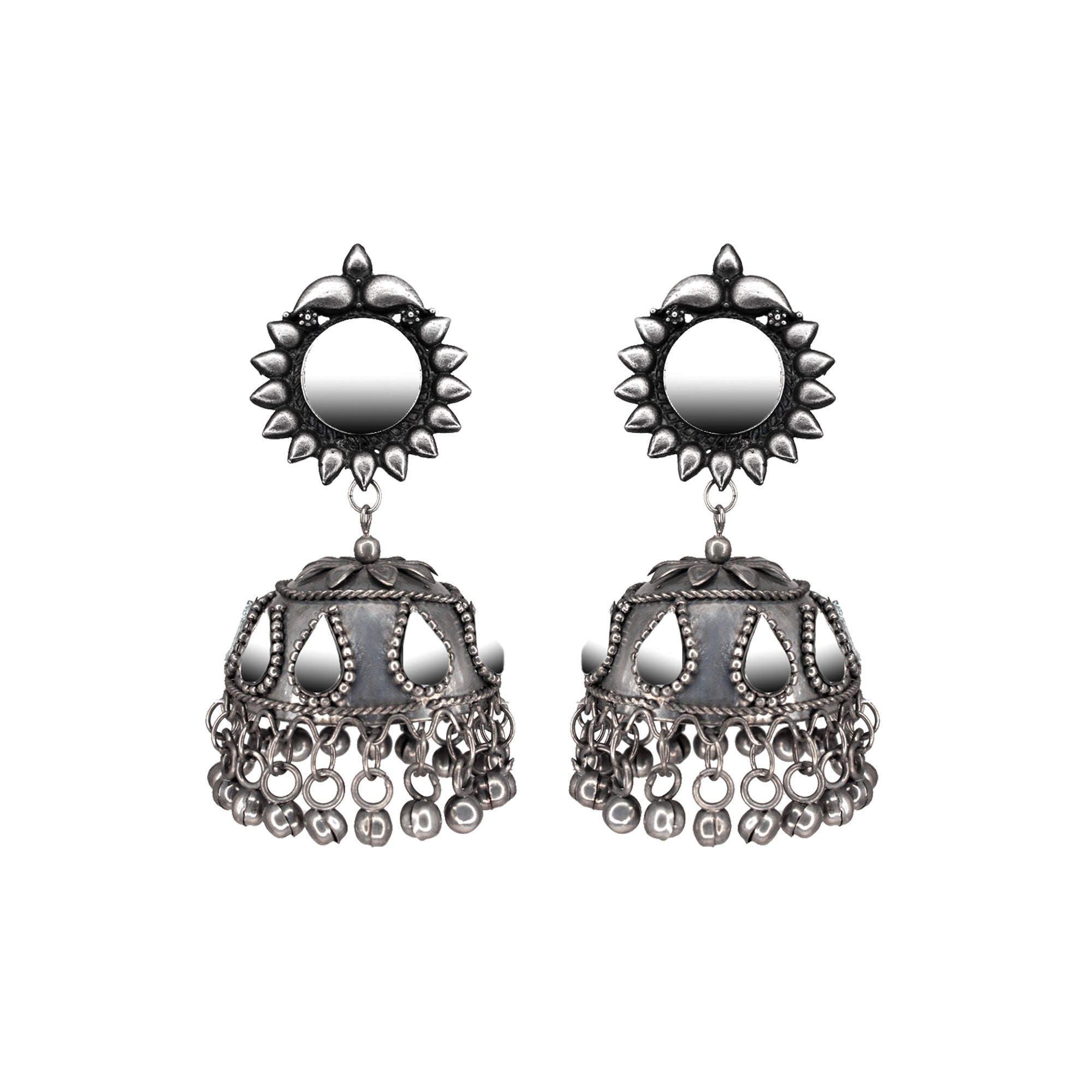 Abhinn Handmade Silver Oxidised Mirror Stud Jhumka Earrings For Women