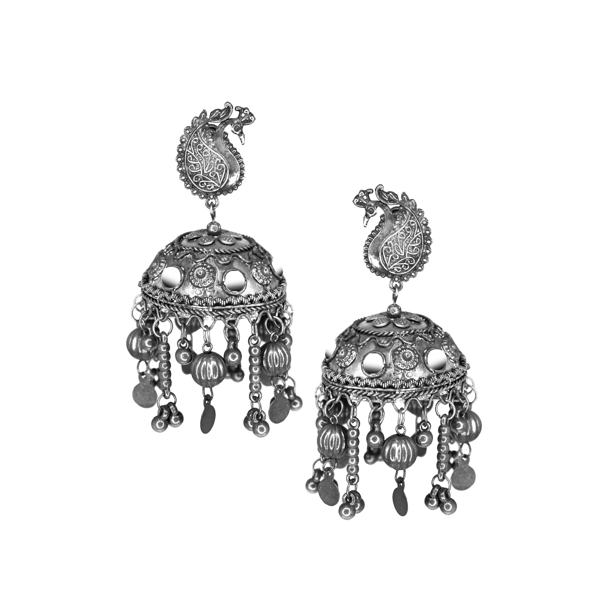 Abhinn Silver Oxidised Floral Design Jhumka With Studded Mirror Earrings For Girls