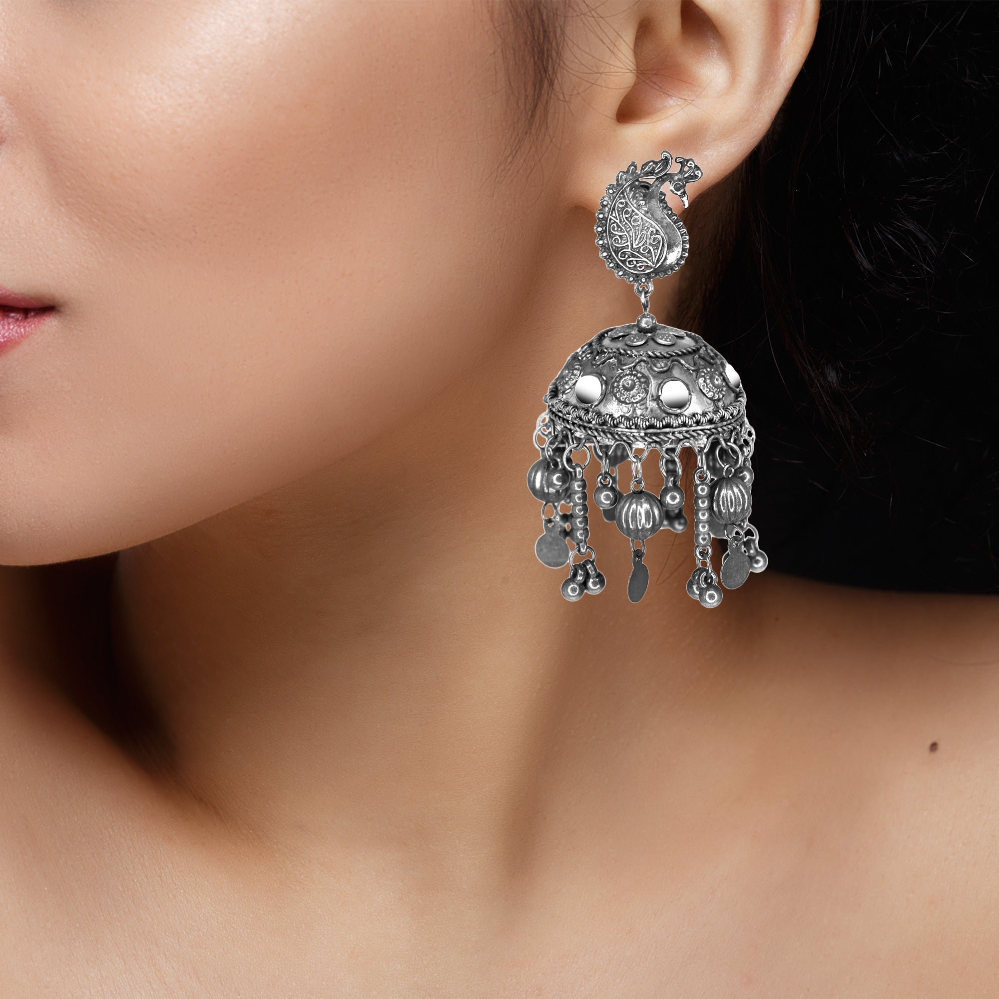 Abhinn Silver Oxidised Floral Design Jhumka With Studded Mirror Earrings For Girls