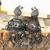 Abhinn Silver Oxidised Floral Design Jhumka With Studded Mirror Earrings For Girls