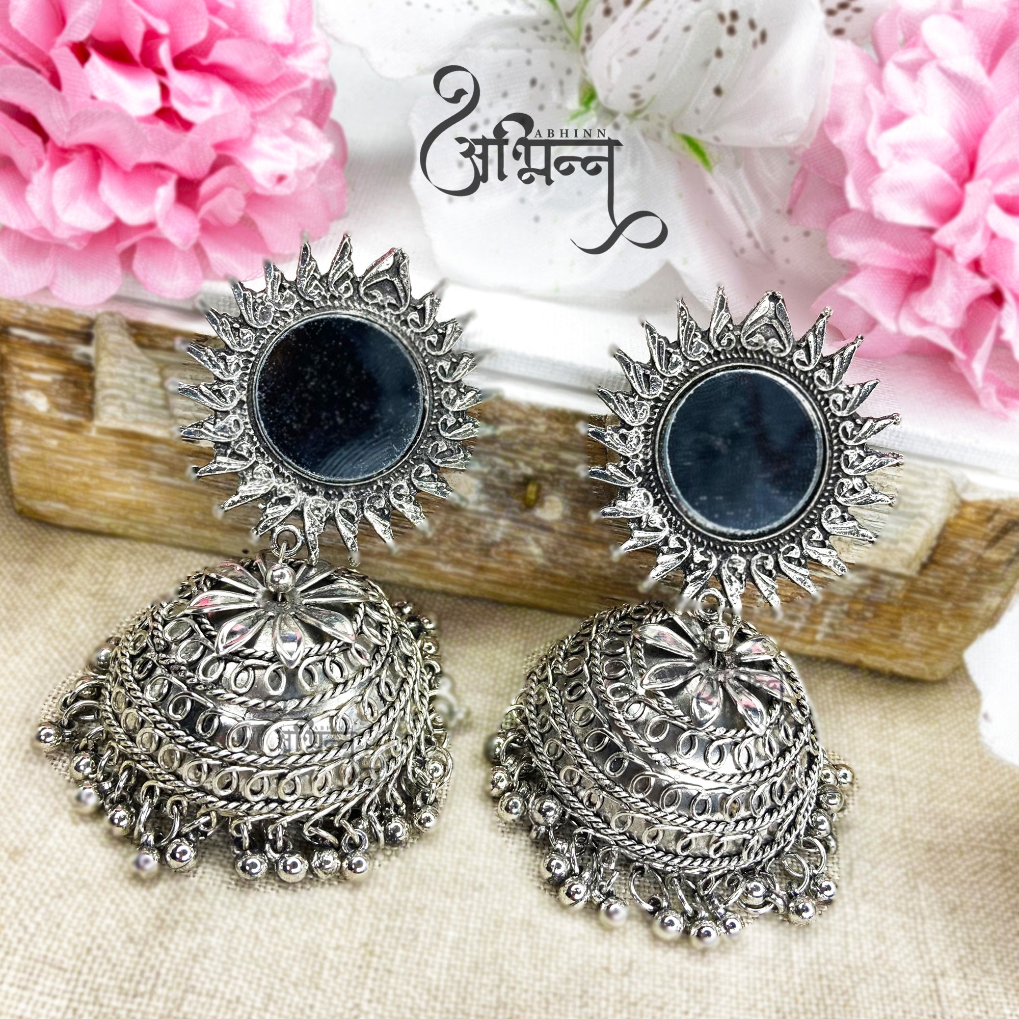 Abhinn Silver Oxidised Temple Design With Mirror Stud Jhumka Earrings For Women