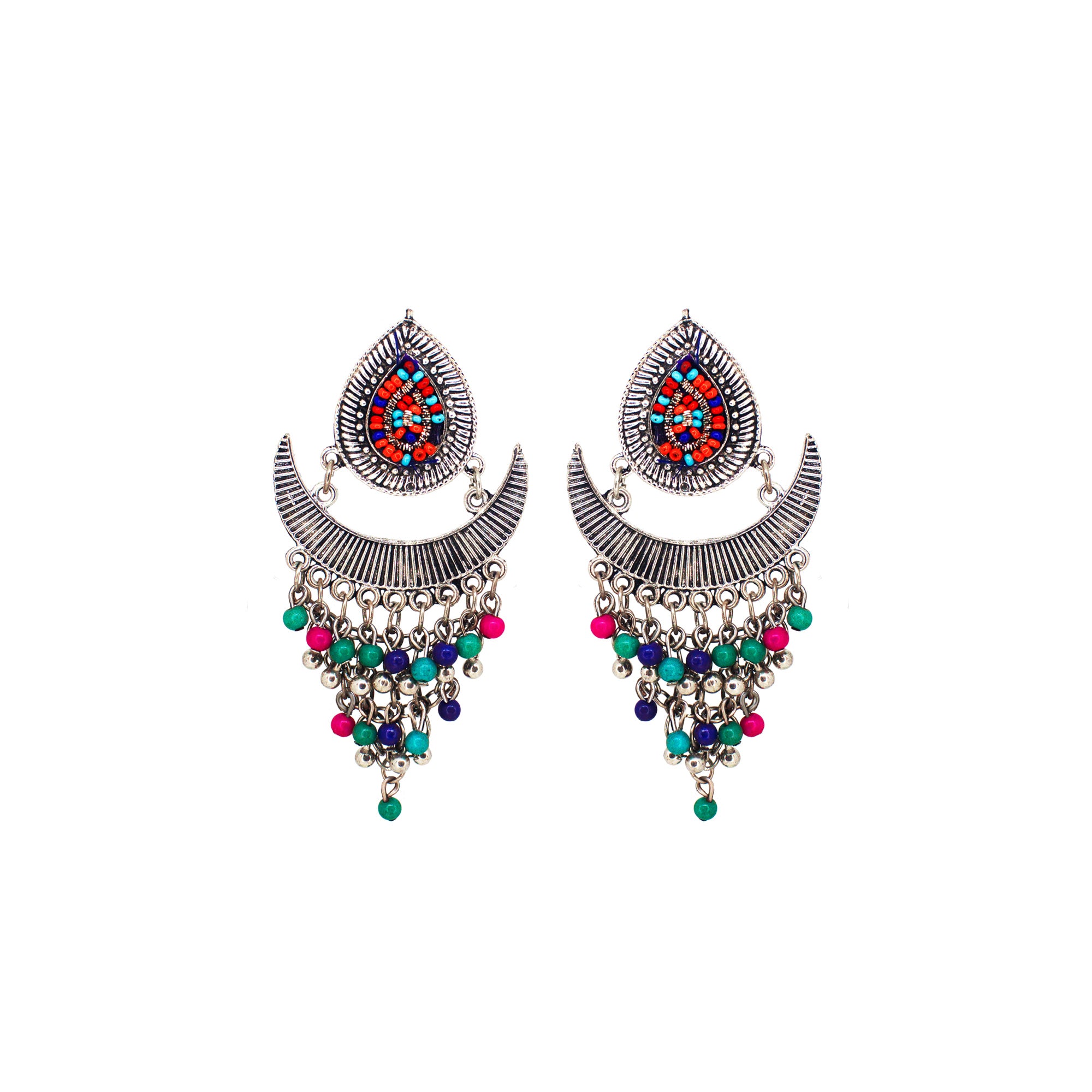 Abhinn Silver Oxidised Temple Design Beaded Dangler Earrings For Women