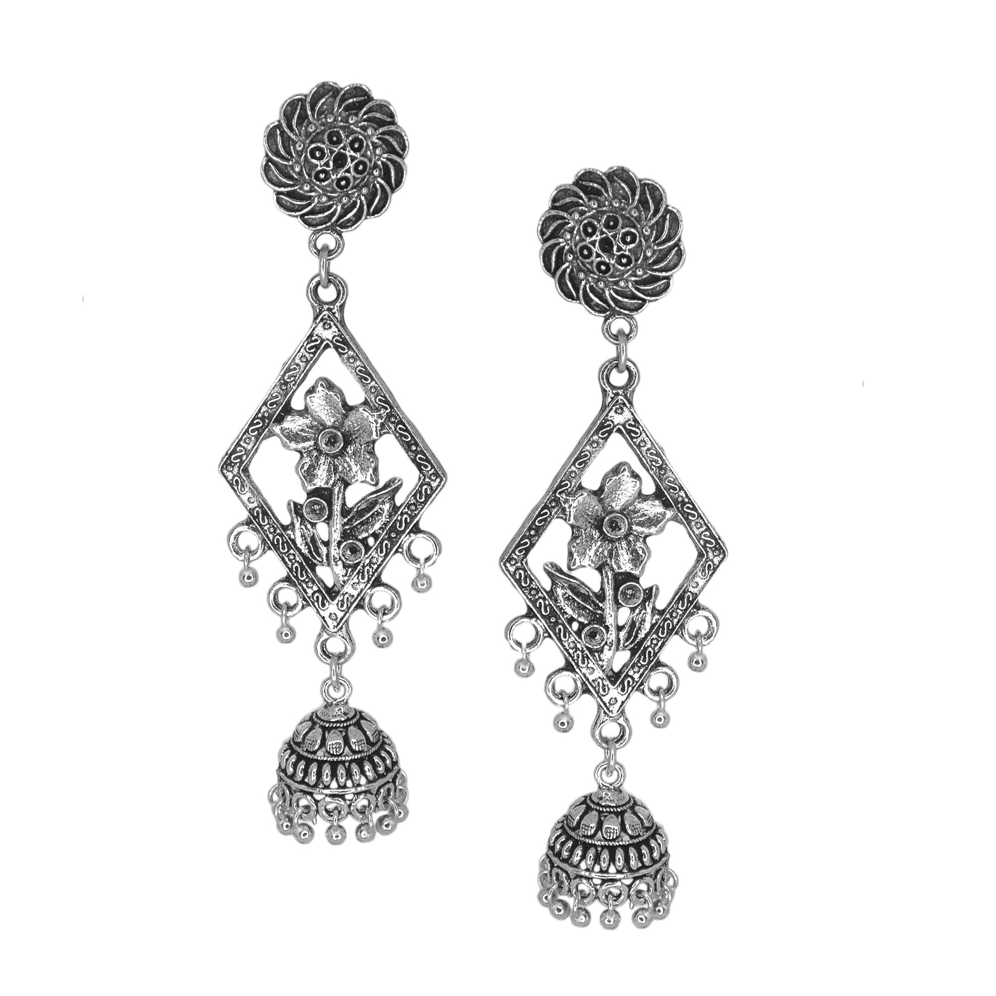 Abhinn Silver Oxidised Unique Floral Design Jhumka Earrings For Women