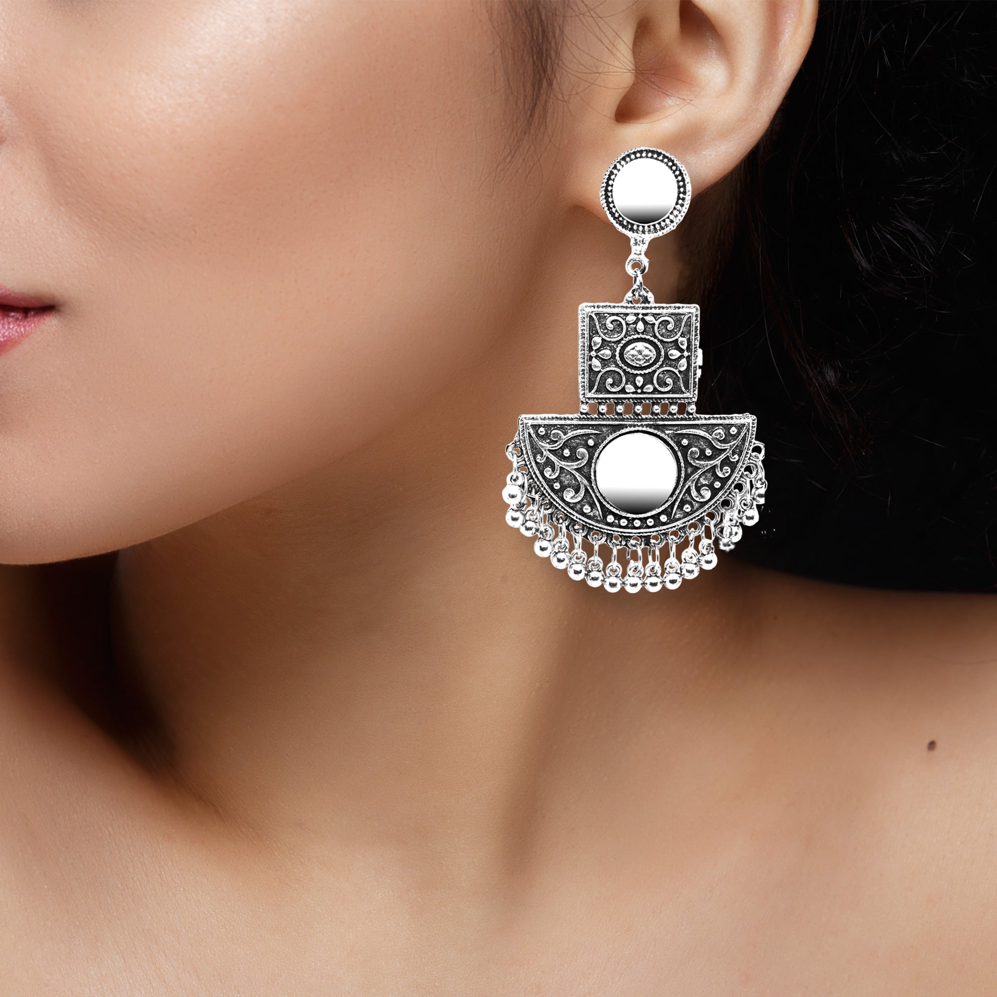Abhinn Silver Oxidised Floral With Mirror Dangler Earrings For Women