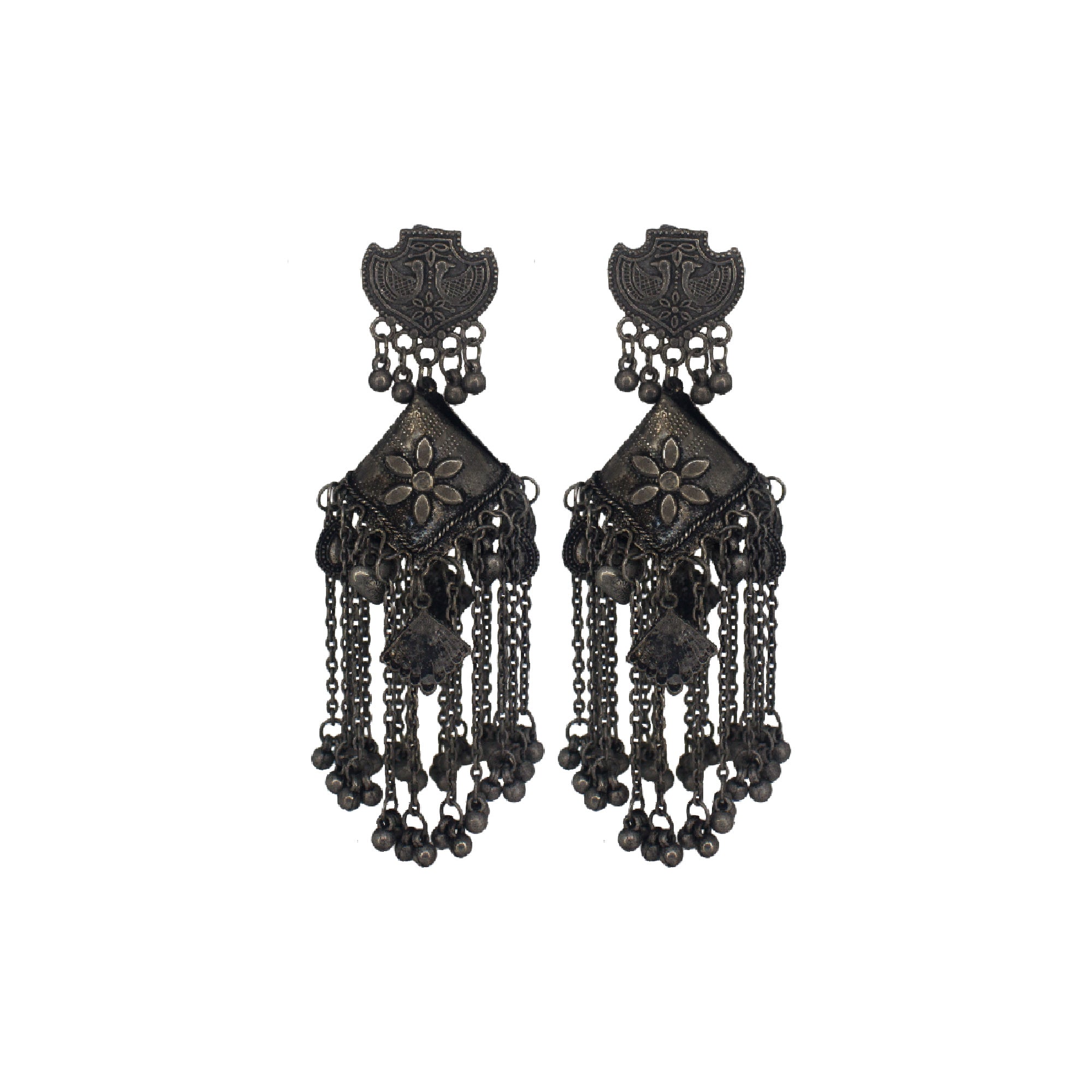 Abhinn Black Polished Floral Design With Hanging Beads Jhumka Earrings For Women