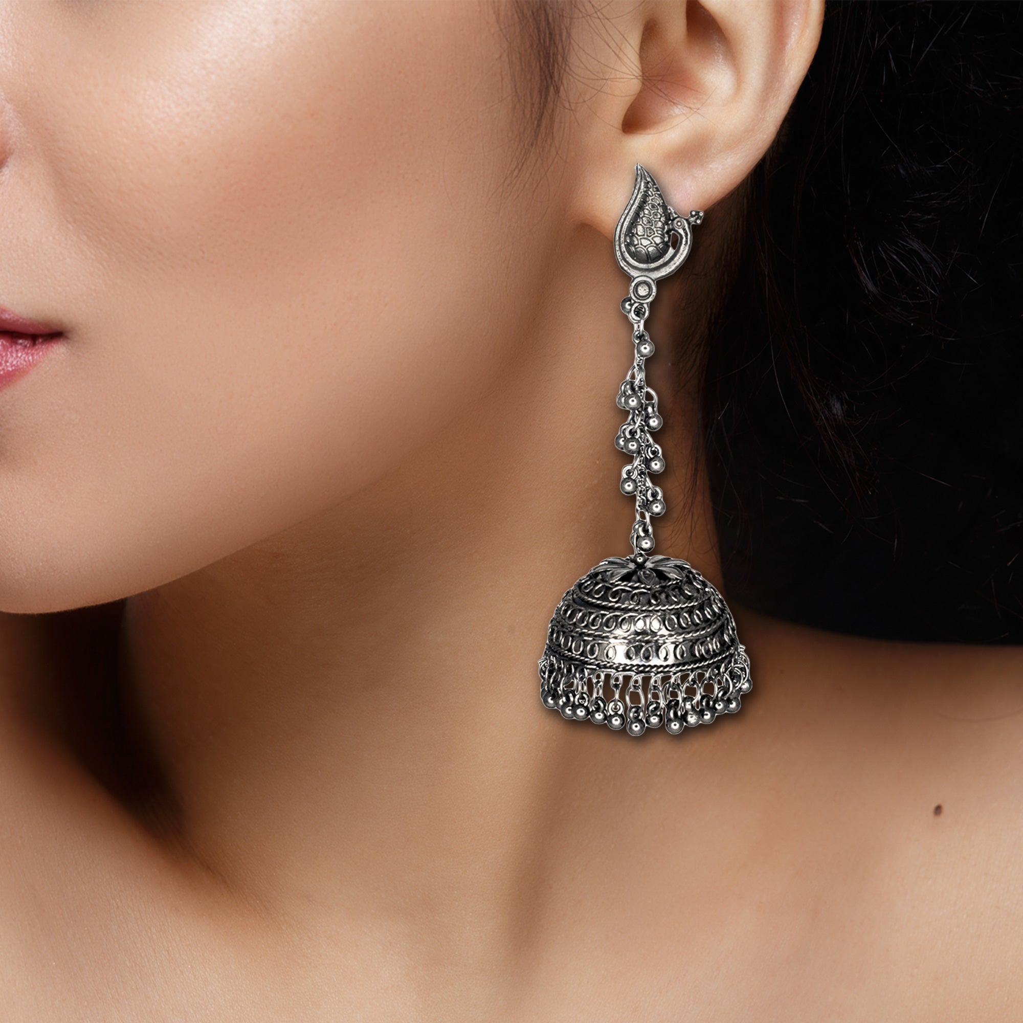 Abhinn Handmade Black Polished Peacock Studs with Dangler Jhumka Earrings For Women