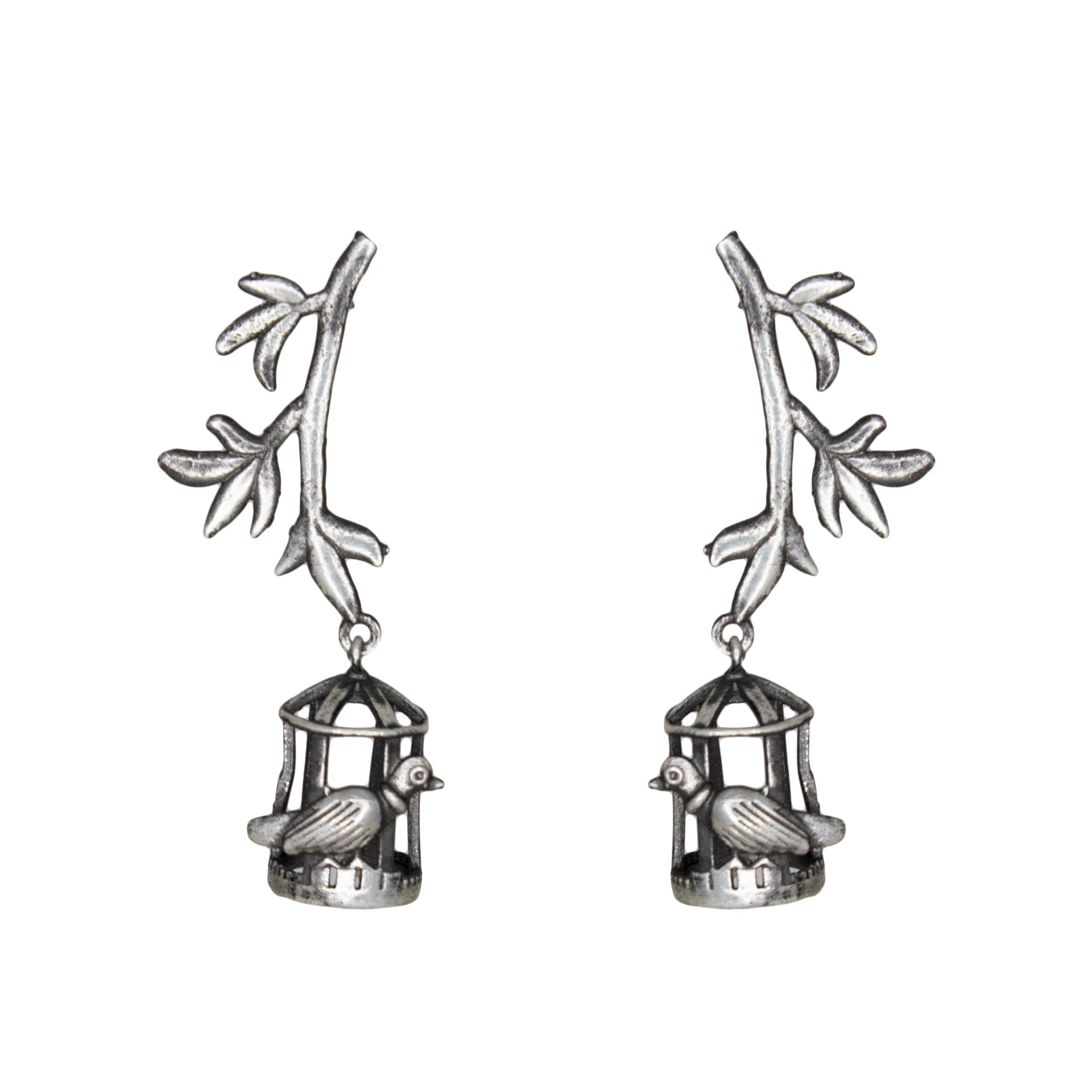 Abhinn Silver Replica Leaves Studs With Bird Cage Jhumki For Women