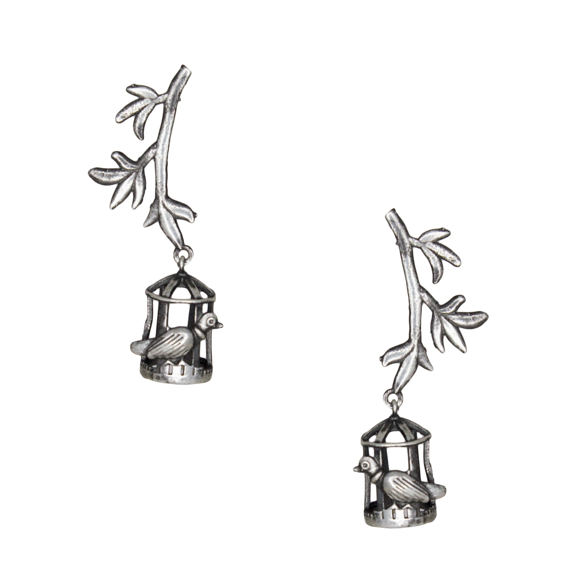 Abhinn Silver Replica Leaves Studs With Bird Cage Jhumki For Women