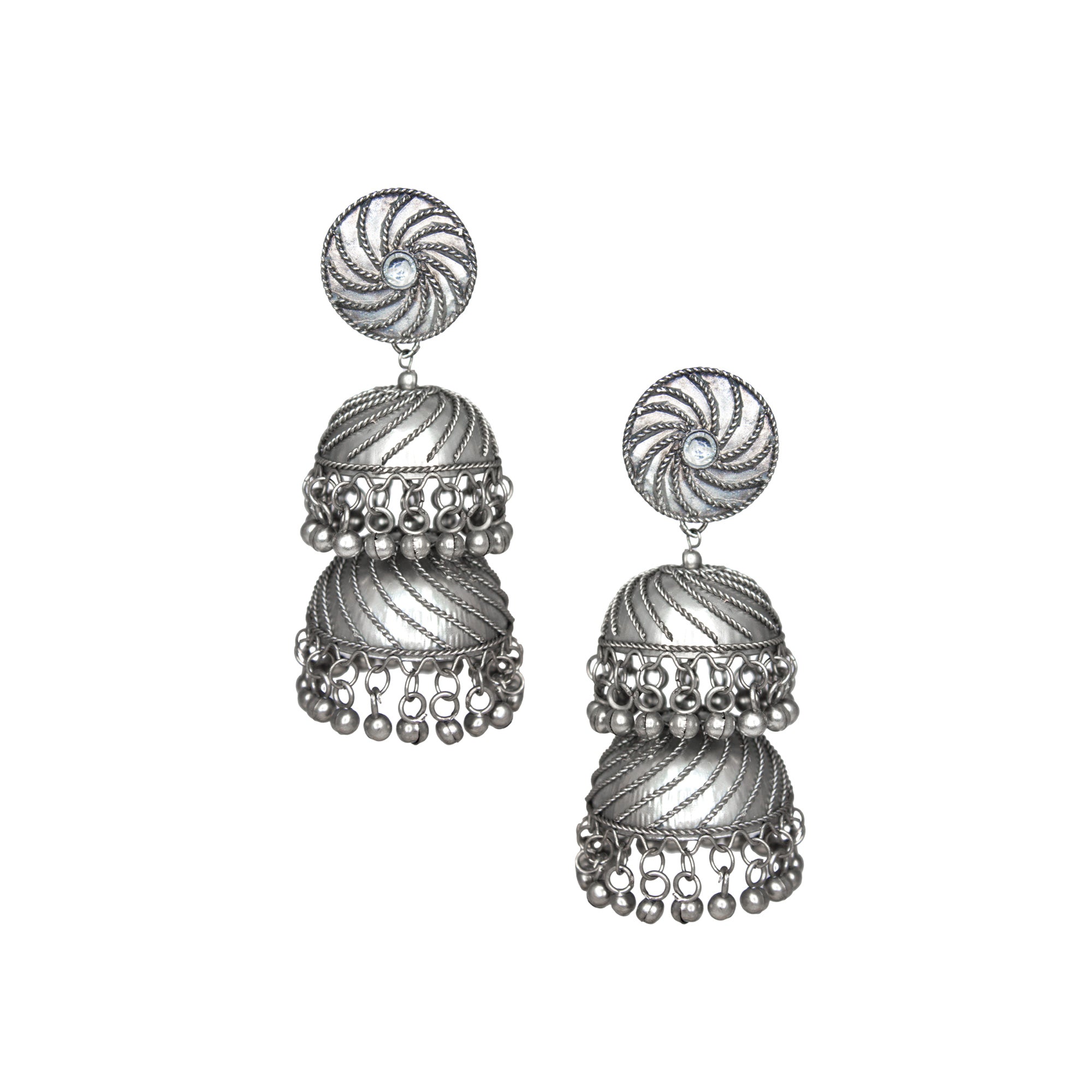 Abhinn Silver Oxidised Triple Layered Jhumka With Ghungroo Earrings For Girls