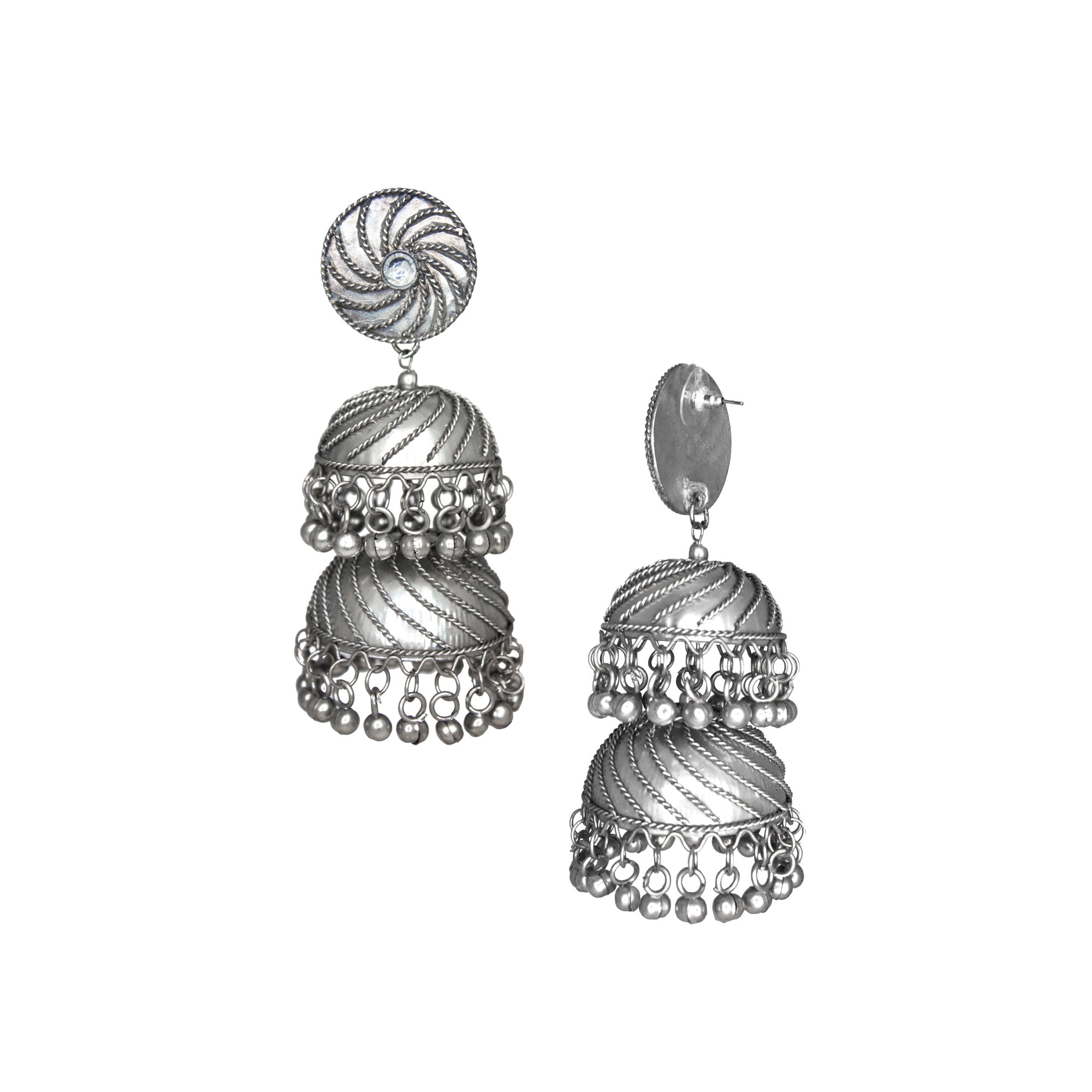 Abhinn Silver Oxidised Triple Layered Jhumka With Ghungroo Earrings For Girls