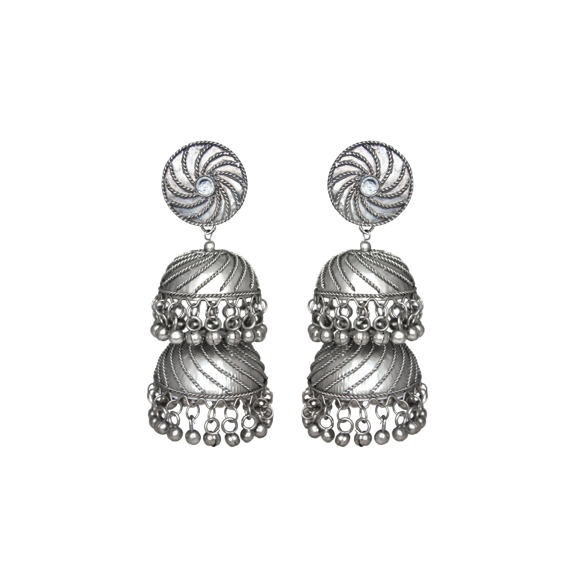 Abhinn Silver Oxidised Triple Layered Jhumka With Ghungroo Earrings For Girls