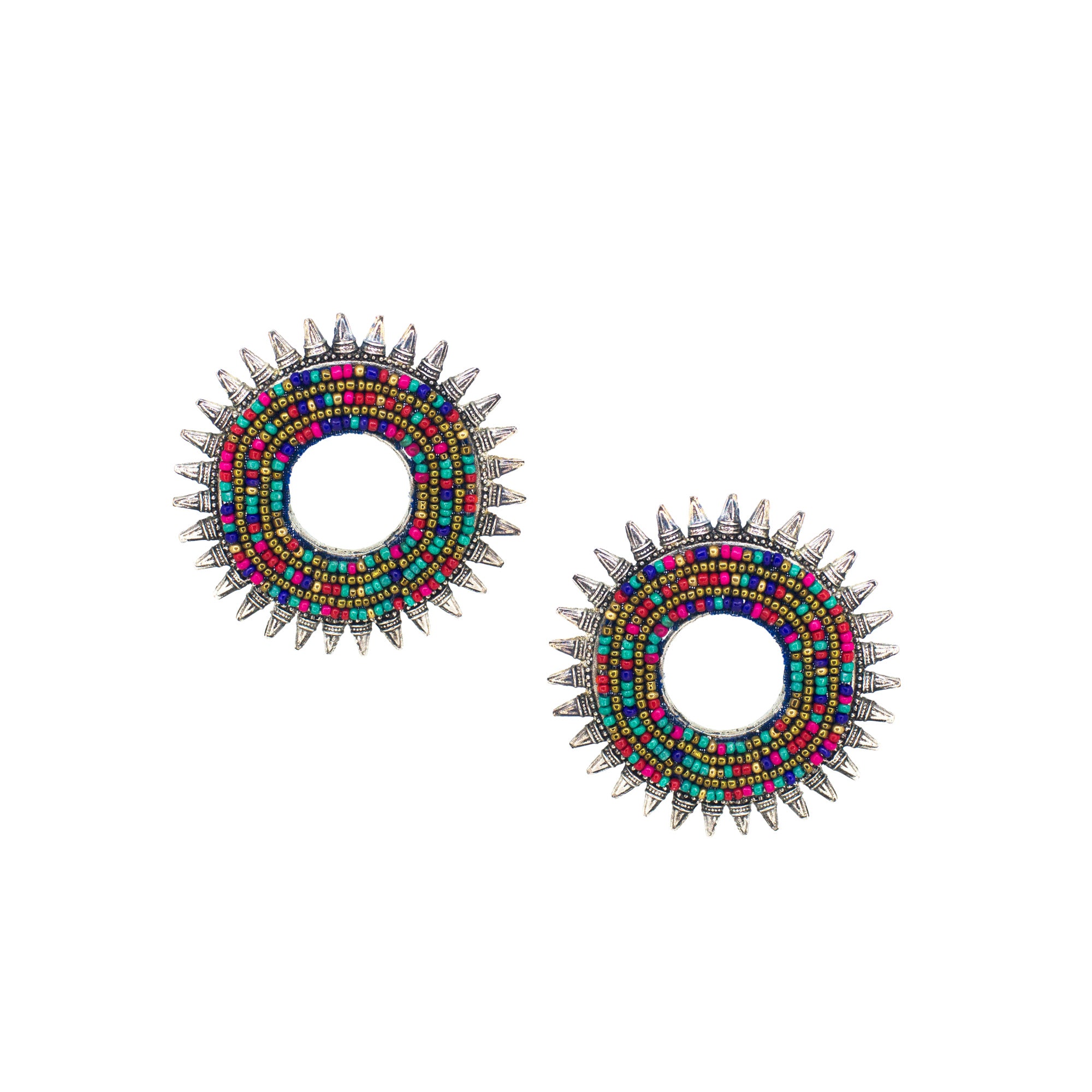 Abhinn Silver Oxidised Sun Shape Multi Colour Beaded Big Stud Earrings For Women