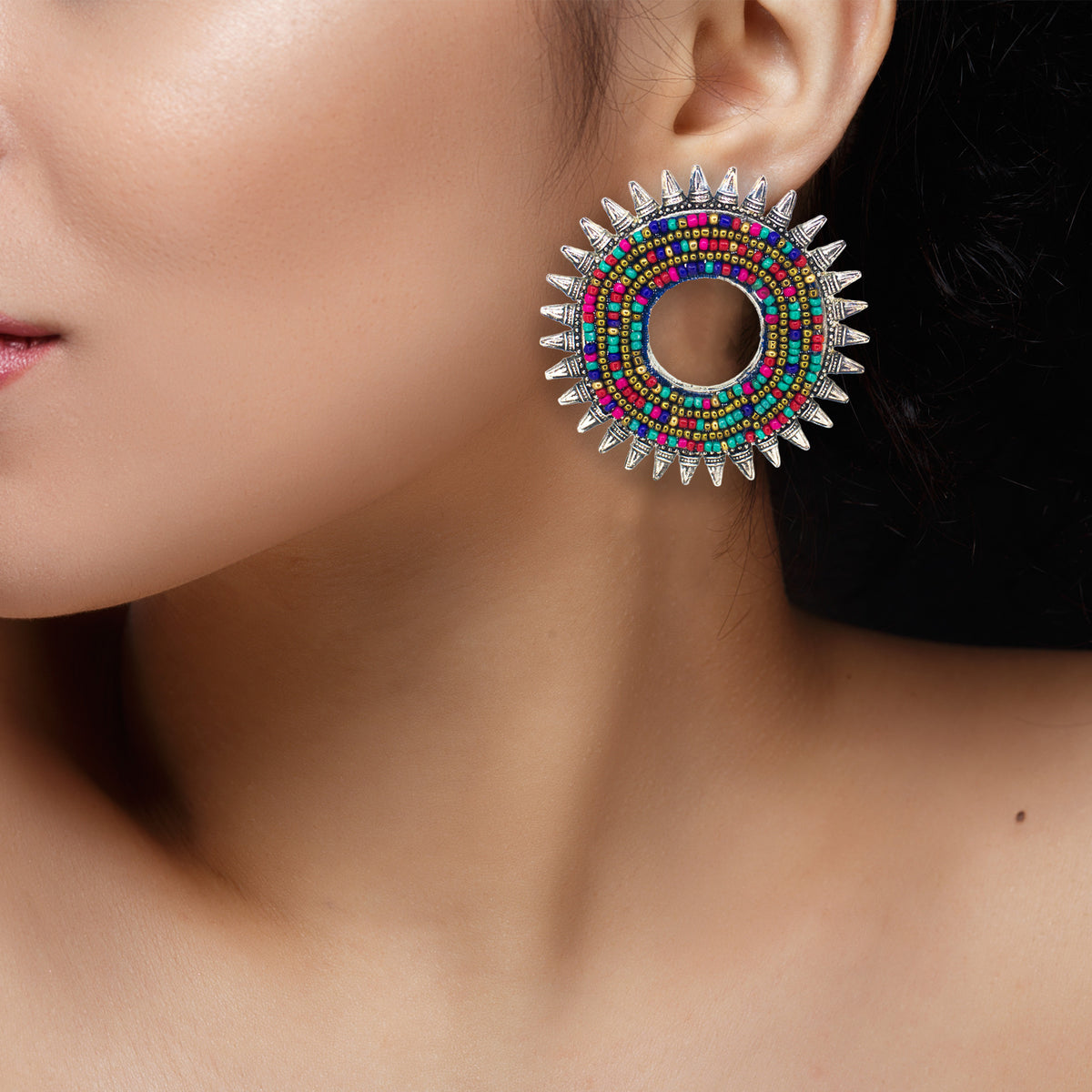 Abhinn Silver Oxidised Sun Shape Multi Colour Beaded Big Stud Earrings For Women