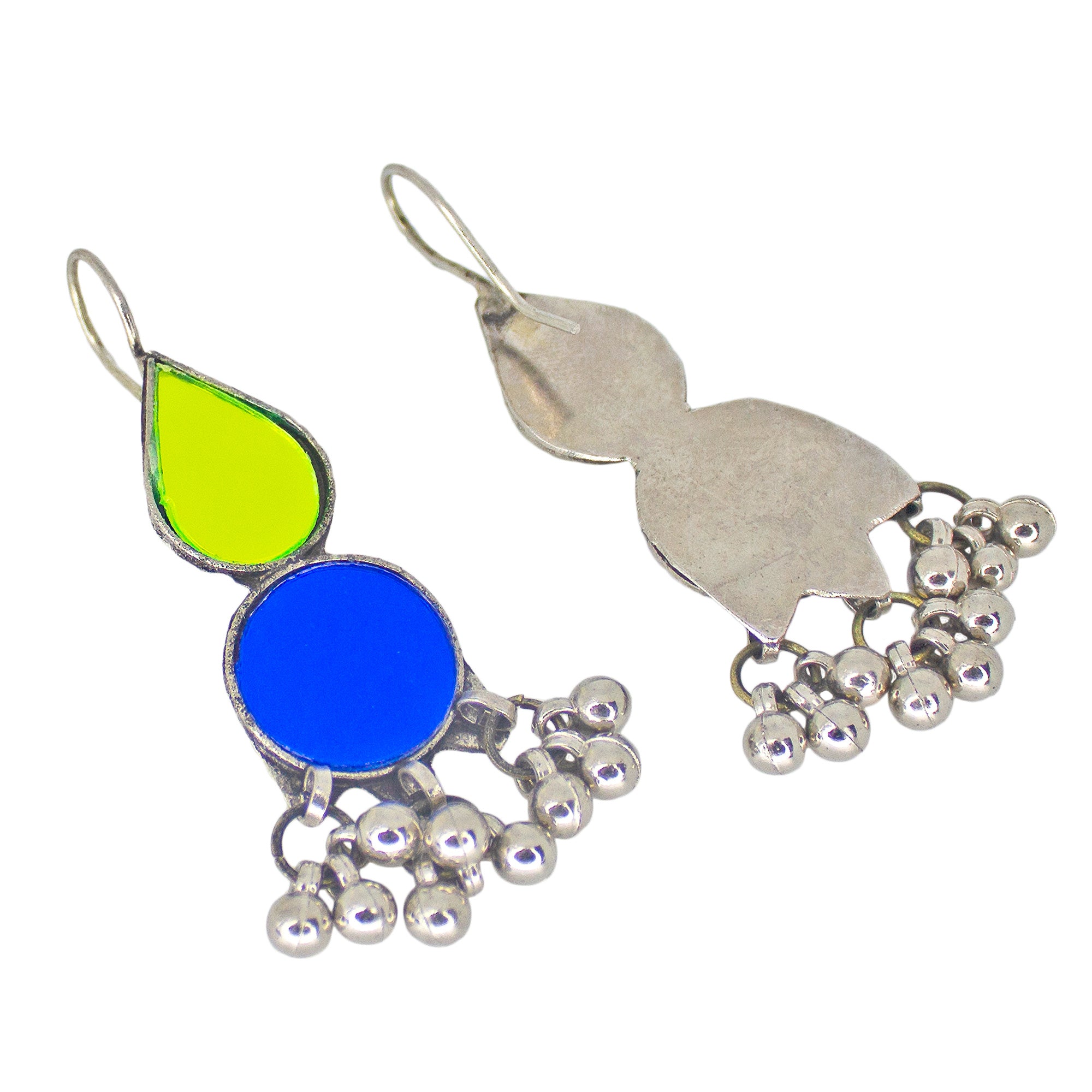 Abhinn Afghani Silver Plated Parrot Green-Blue Glass Dangler Earrings For Women