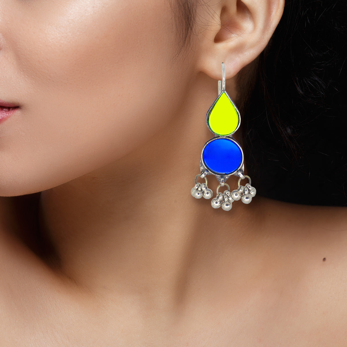 Abhinn Afghani Silver Plated Parrot Green-Blue Glass Dangler Earrings For Women