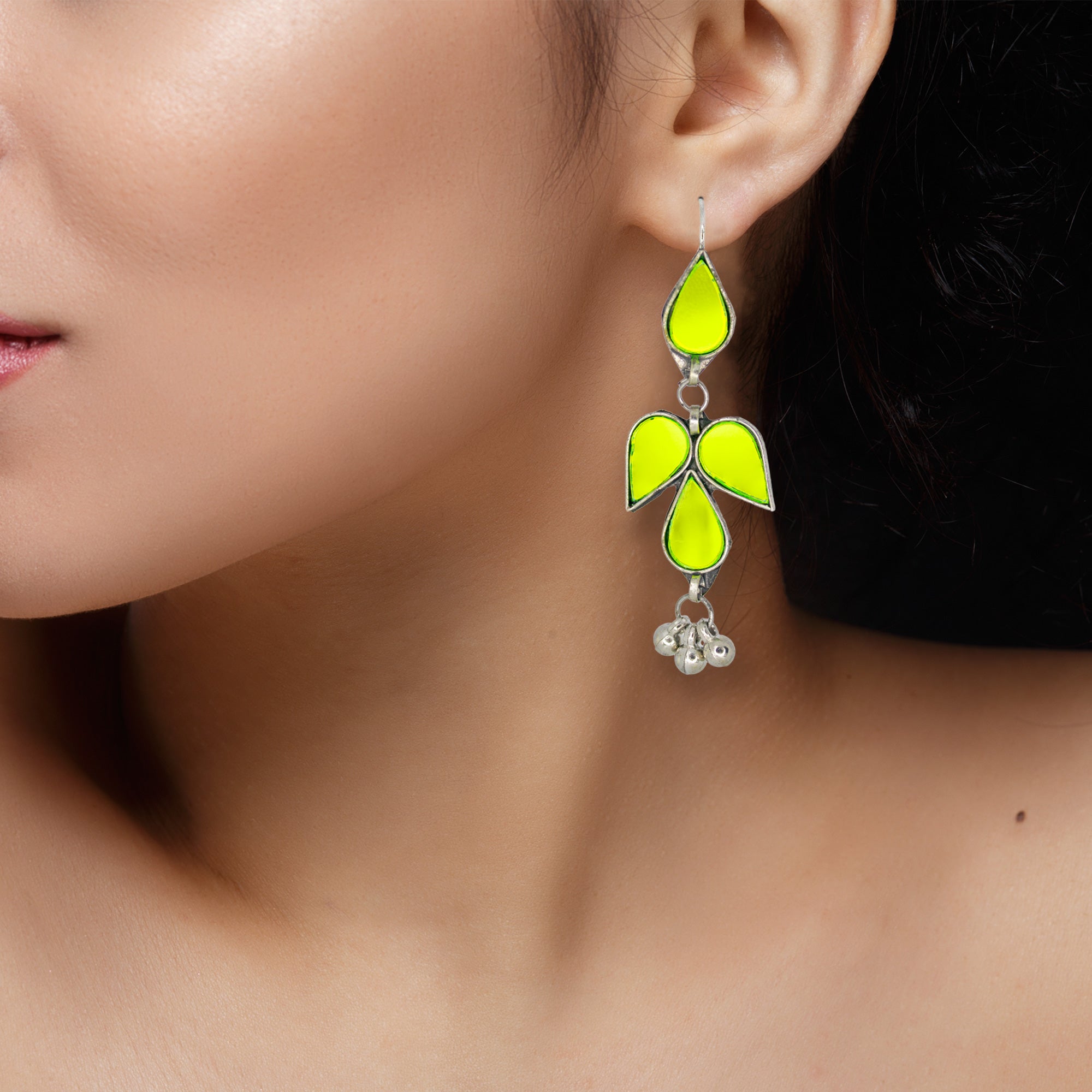 Abhinn Afghani Silver Plated Petal Shape Parrot Green Glass Dangler Earrings For Women