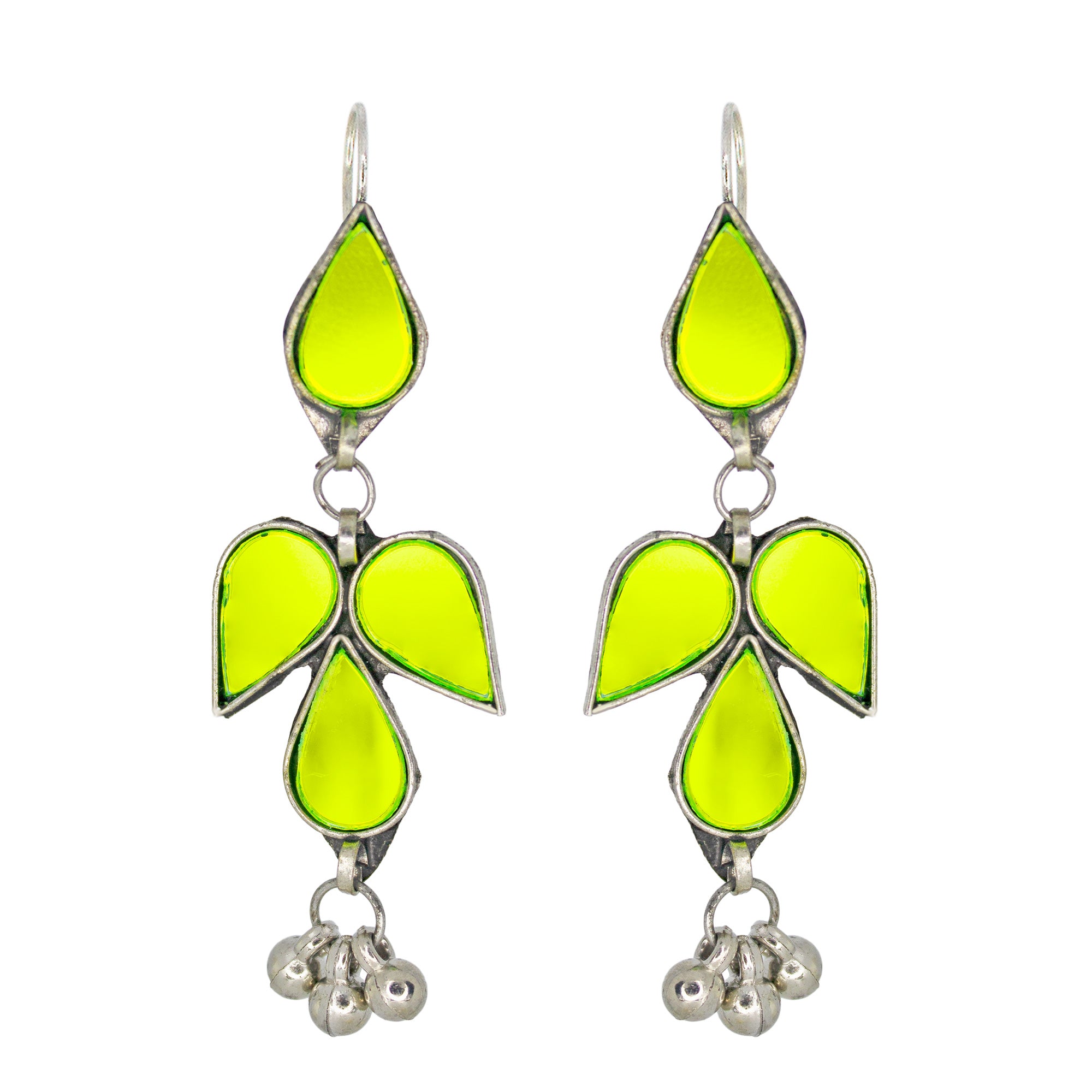 Abhinn Afghani Silver Plated Petal Shape Parrot Green Glass Dangler Earrings For Women