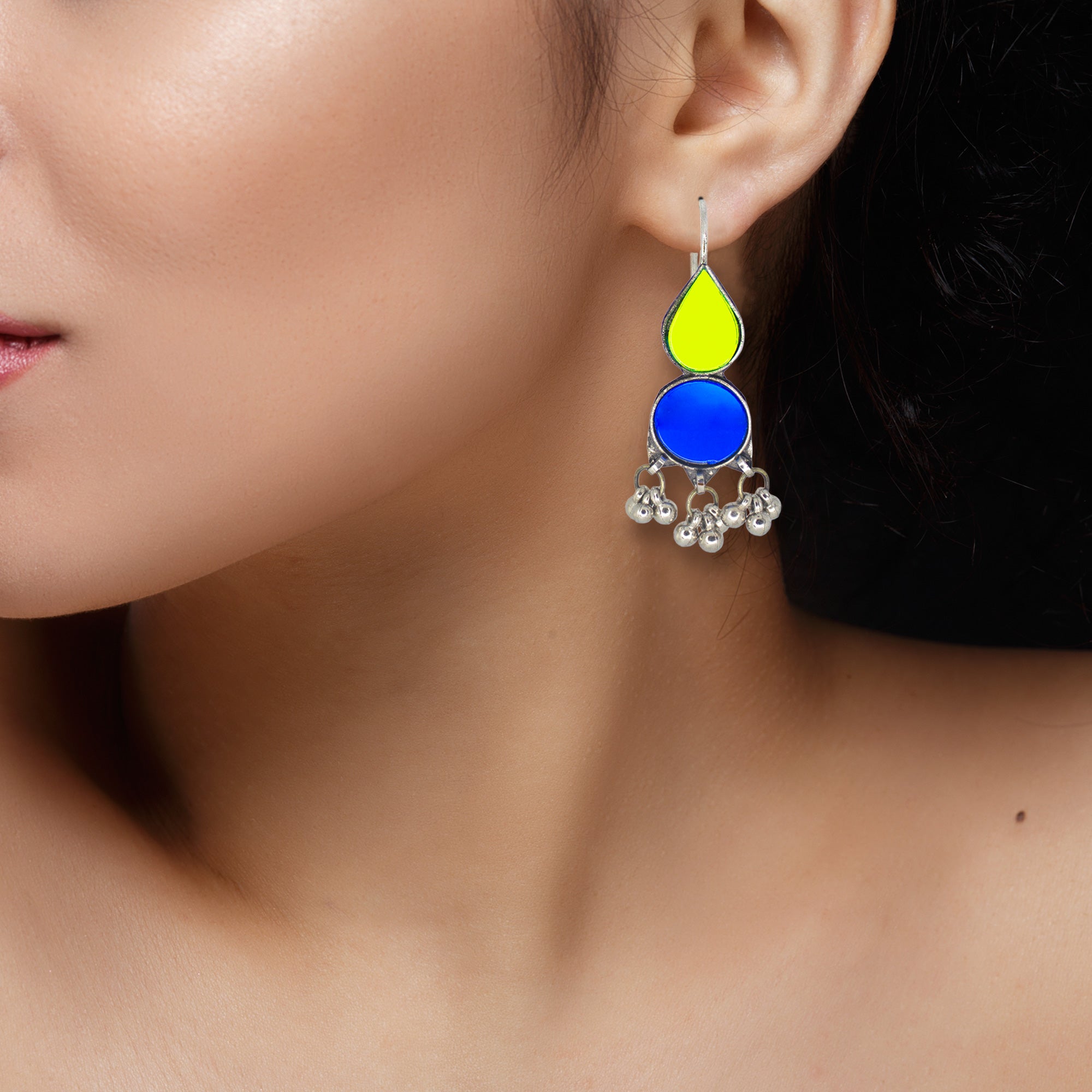 Abhinn Afghani Silver Plated Geometrical Parrot Green-Blue Glass Dangler Earrings For Women