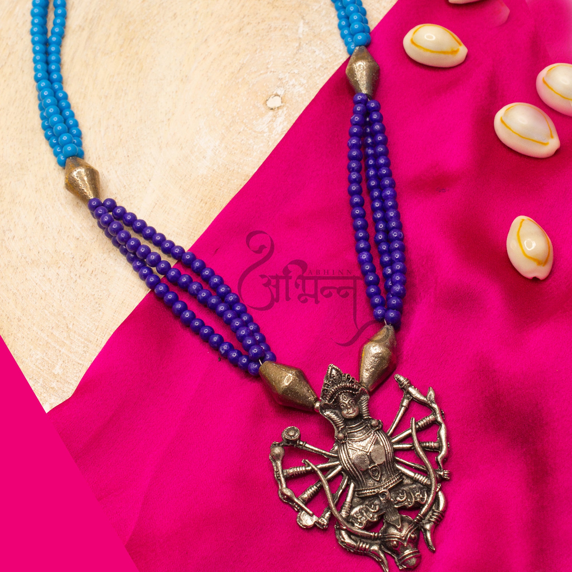 Abhinn Oxidized German Silver Goddess Durga Pendant with Blue Pearls