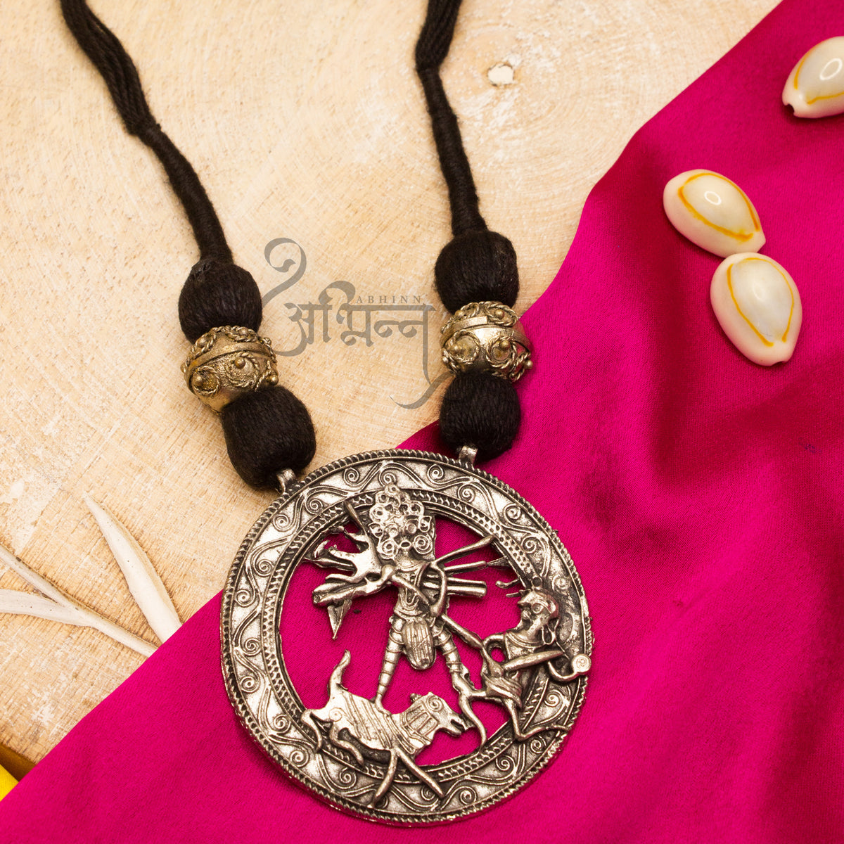Oxidized German Silver Goddess Durga Round Pendant