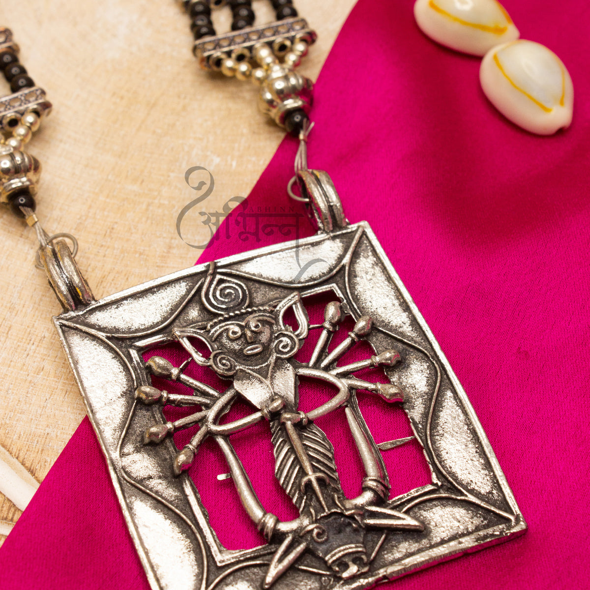 Oxidized German Silver Goddess Durga Pendant with Black Pearls