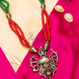 Abhinn Oxidized German Silver Goddess Durga Pendant with Red Green Pearls