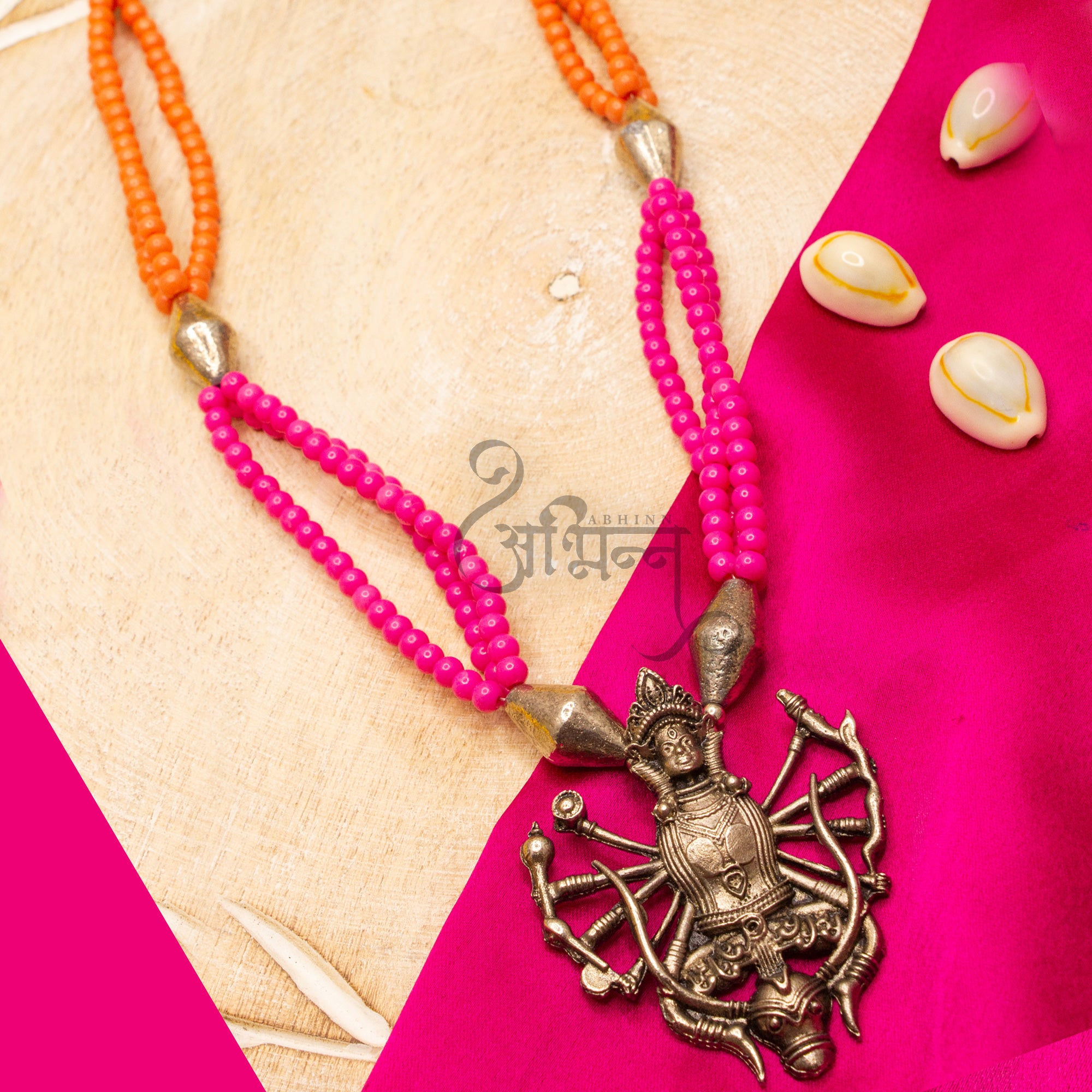 Oxidized German Silver Goddess Durga Pendant with Pink Orange Pearls