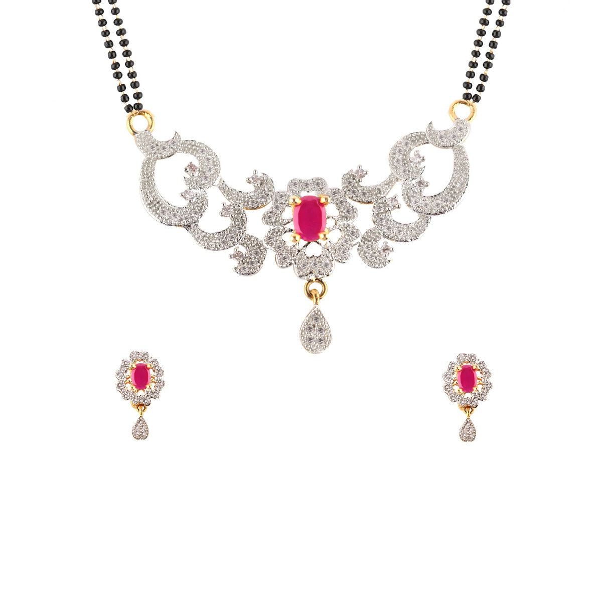 Abhinn Latest AD Stones Studded Floral Design Mangalsutra with Earrings For Women