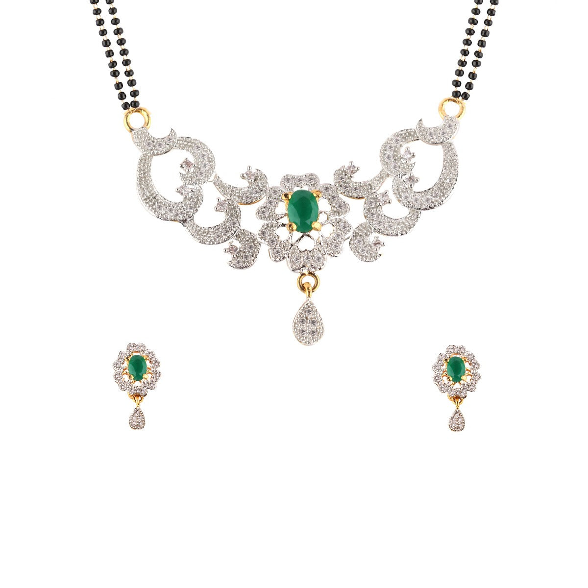 Abhinn Latest AD Stones Studded Green Stone Mangalsutra with Earrings For Women
