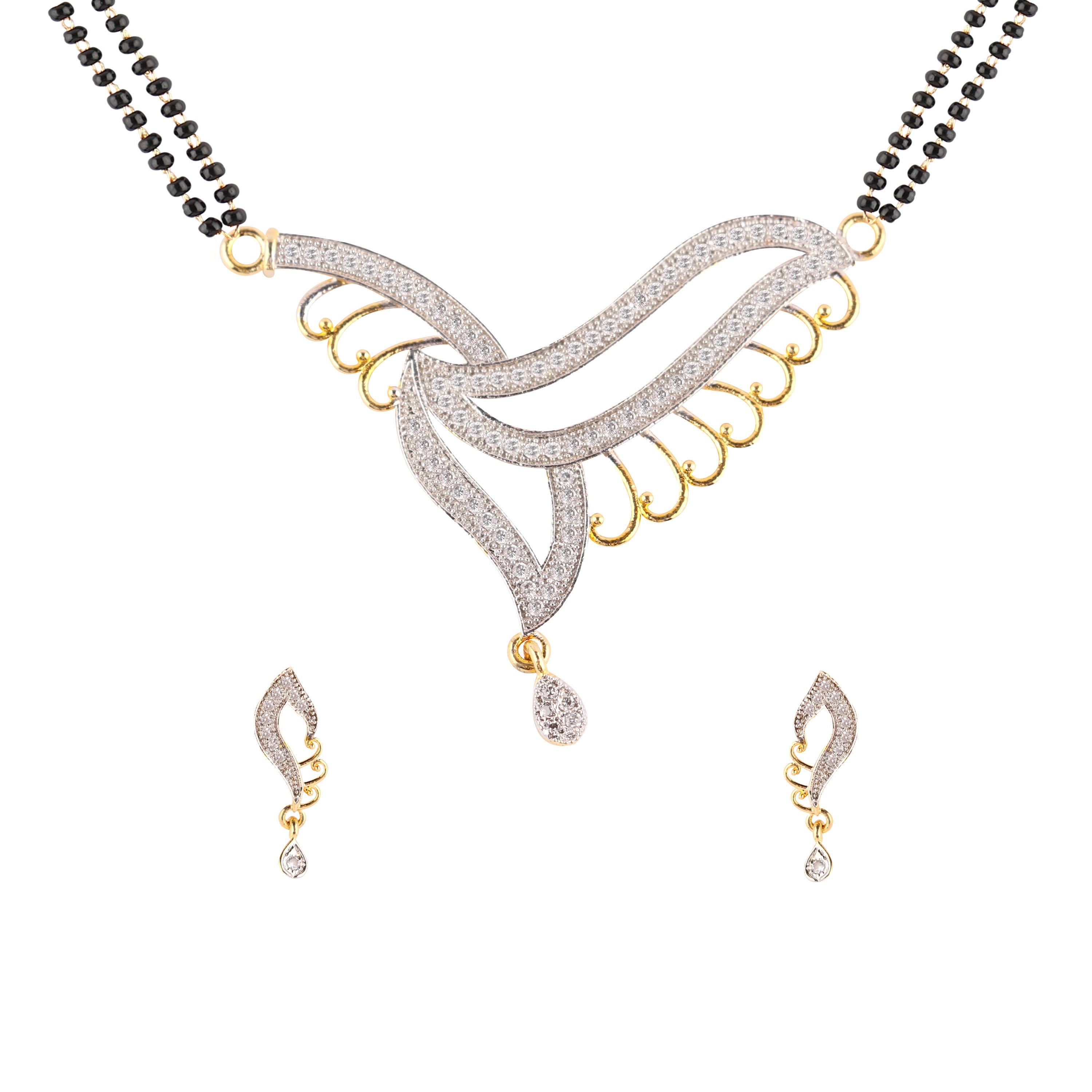 Abhinn Designer Gold Plated Swan Design AD Mangalsutra With Earrings For Women