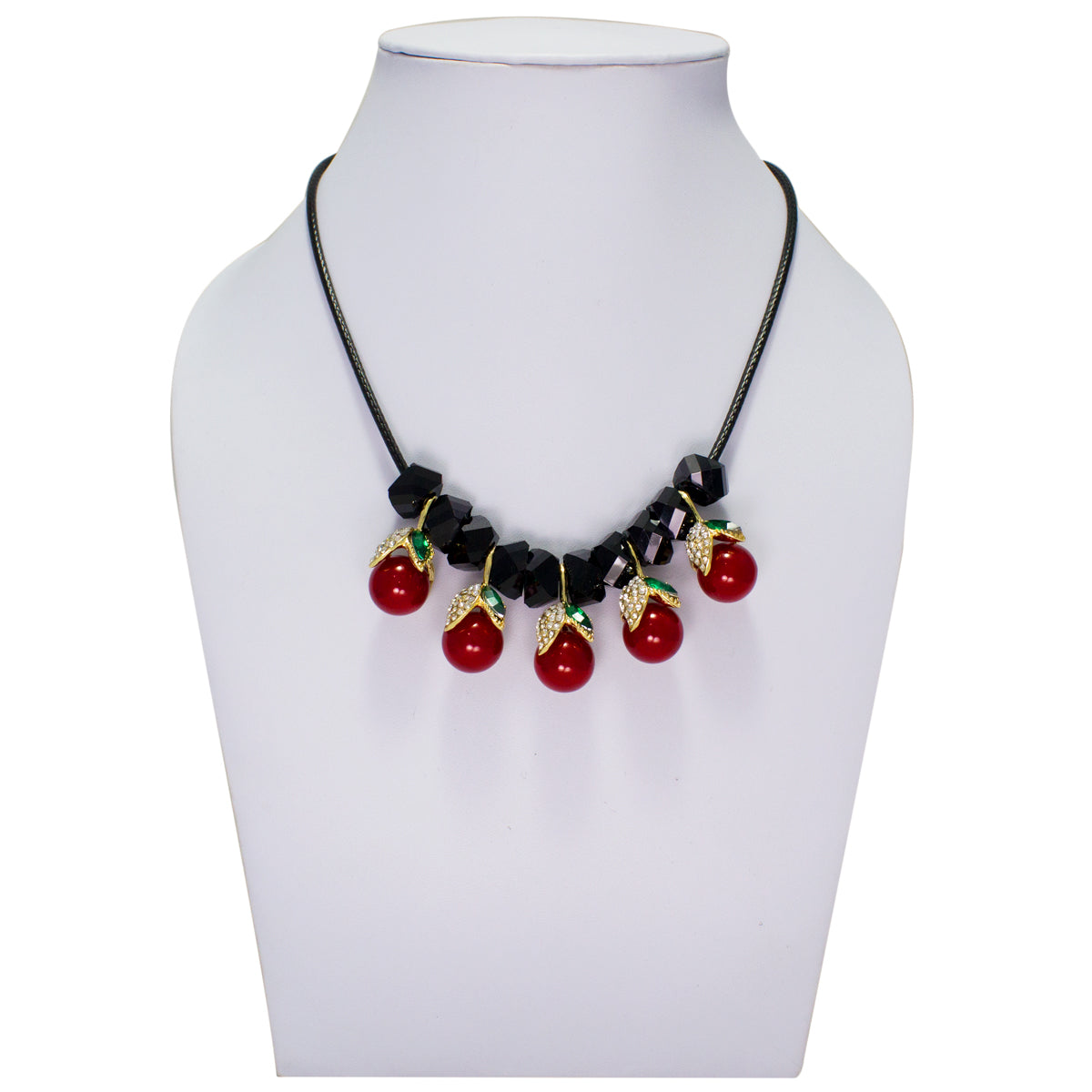 Abhinn Designer Statement Red Cherry Pearl Necklace with Black stones For Women