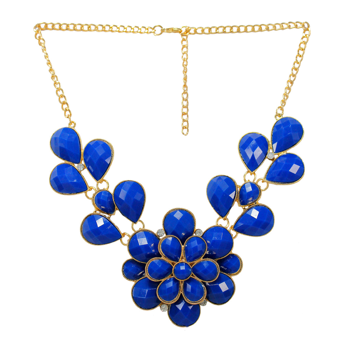Beautiful Designer Golden Floral Necklace with Blue crystal Stones