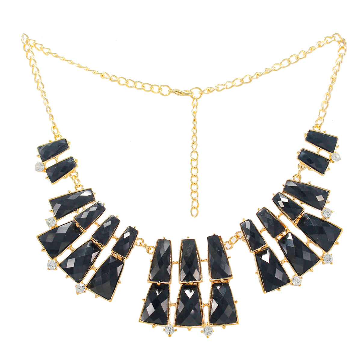 Stylish Designer Golden Necklace with Black Angular Crystals and Stones