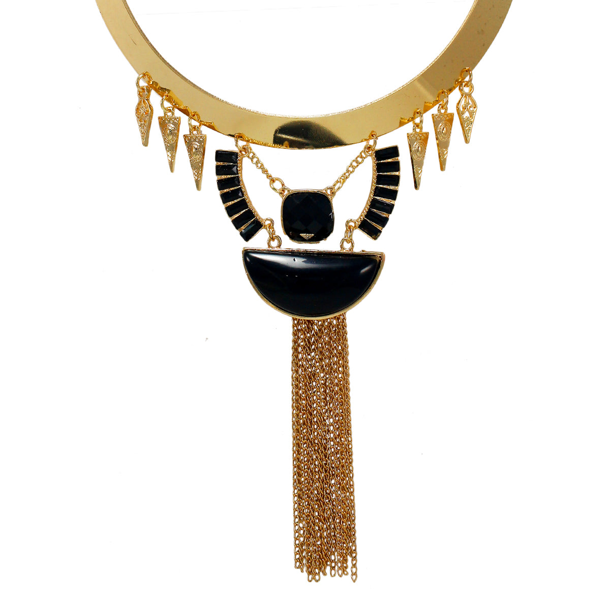 Stylish Designer Golden Necklace with Black Stones and Chain Dangler