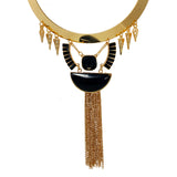 Stylish Designer Golden Necklace with Black Stones and Chain Dangler