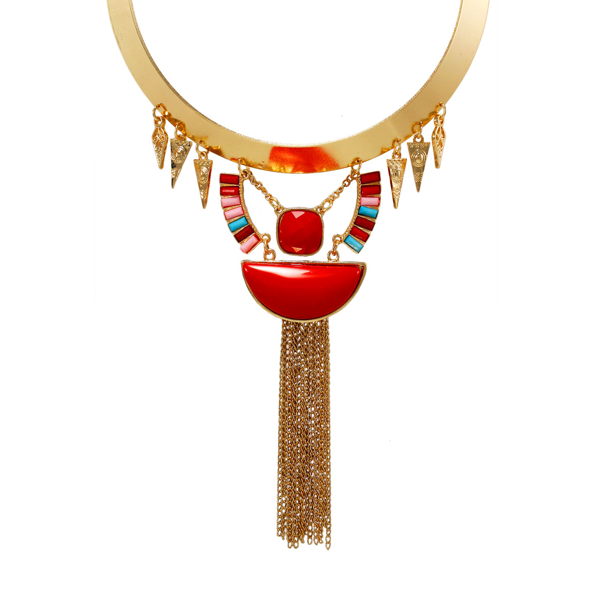 Abhinn Latest Designer Golden Necklace with Red Stones and Chain Dangler For Women