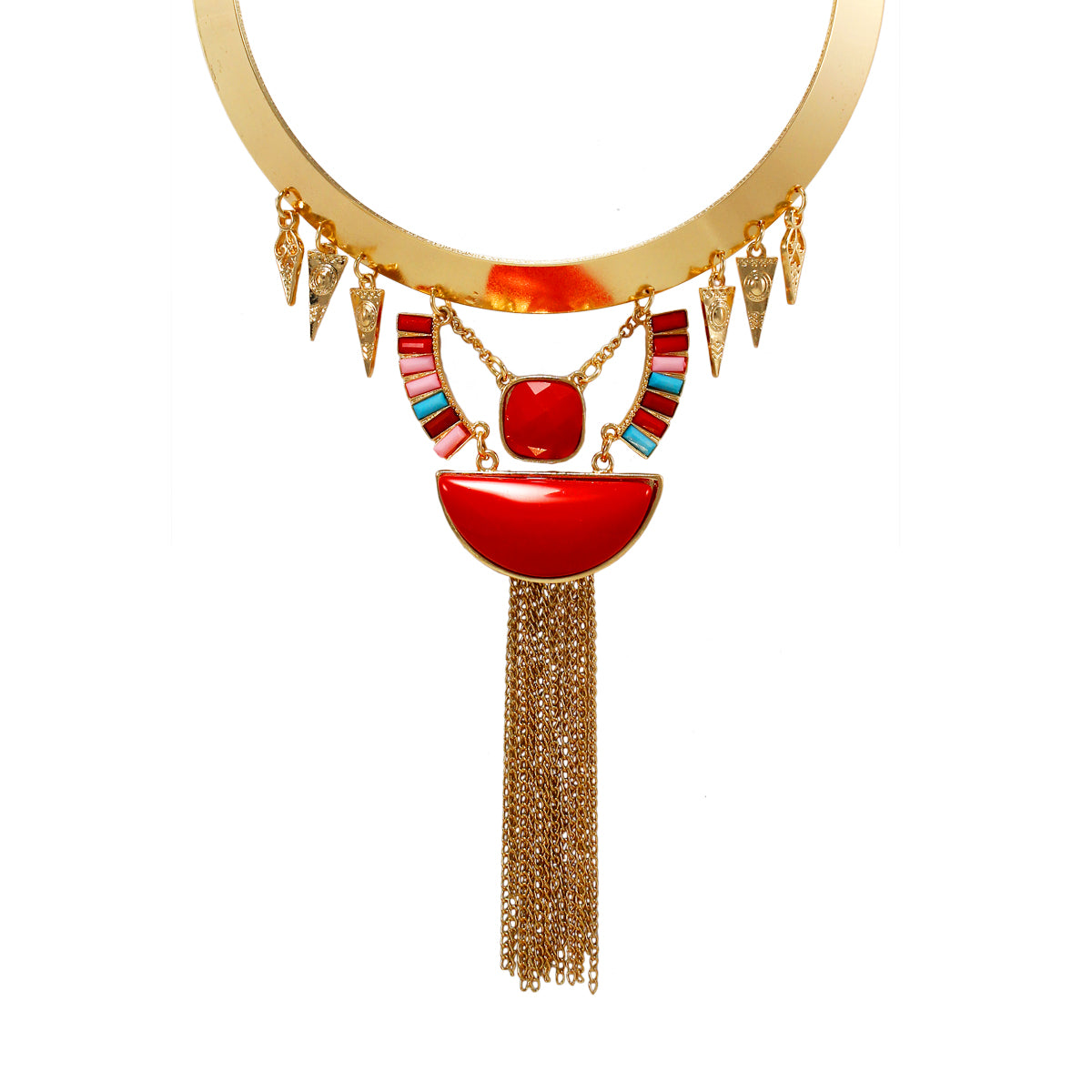 Abhinn Latest Designer Golden Necklace with Red Stones and Chain Dangler For Women