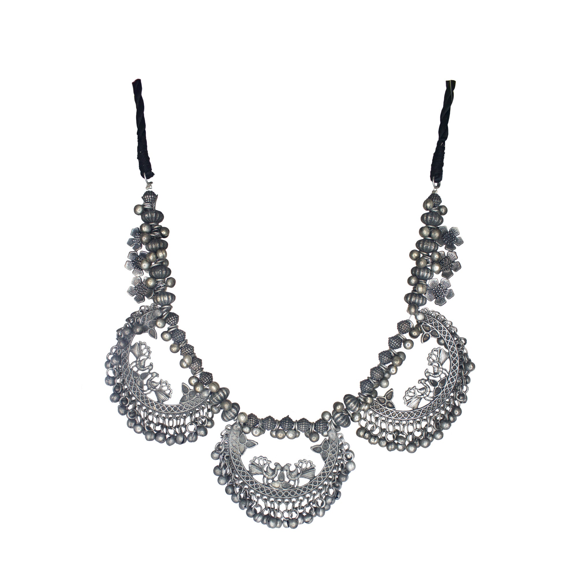 Abhinn Silver Oxidised Peacock And Floral Design Necklace for Women