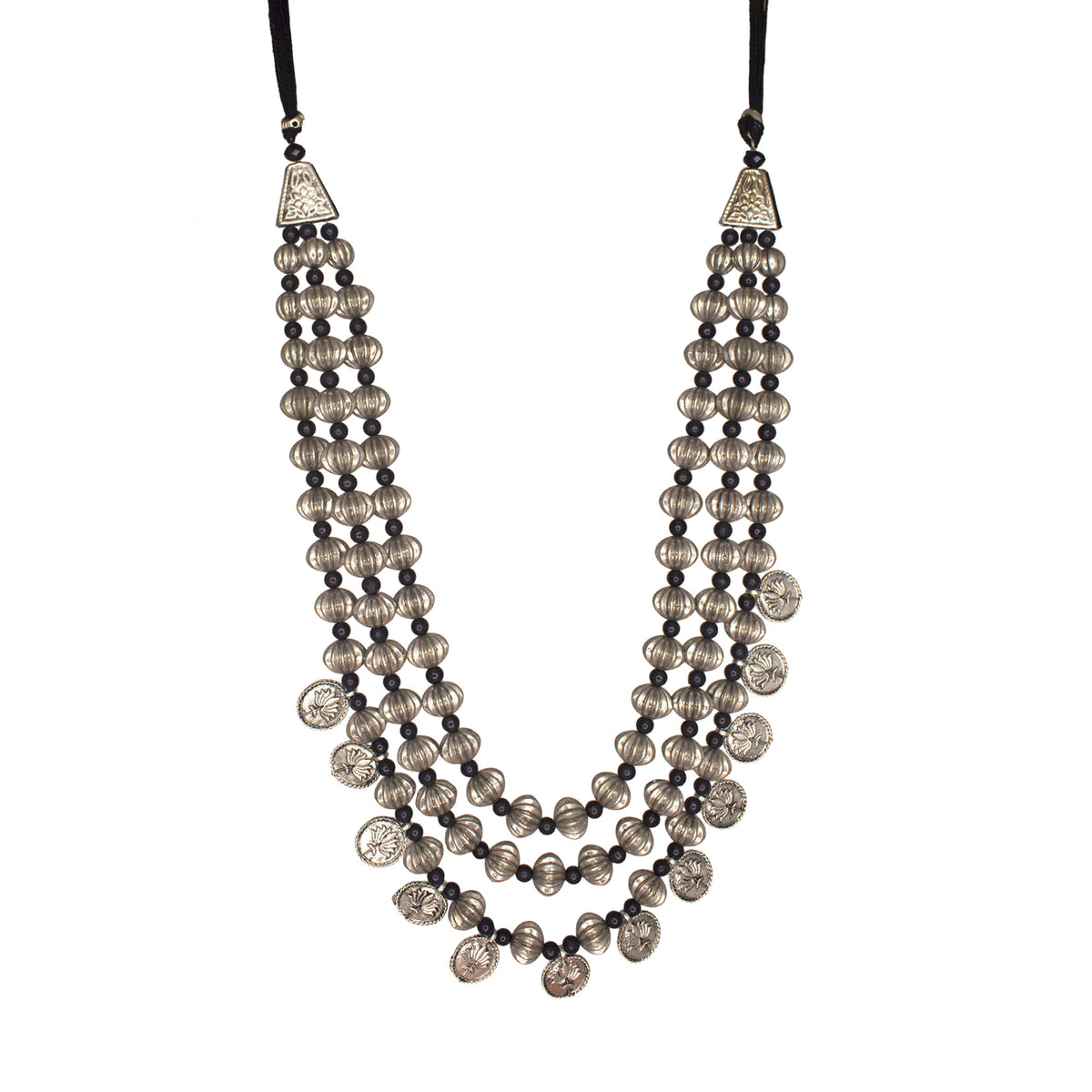 Abhinn Silver Oxidised Handmade Multi-layer Necklace With Black Beads For Women