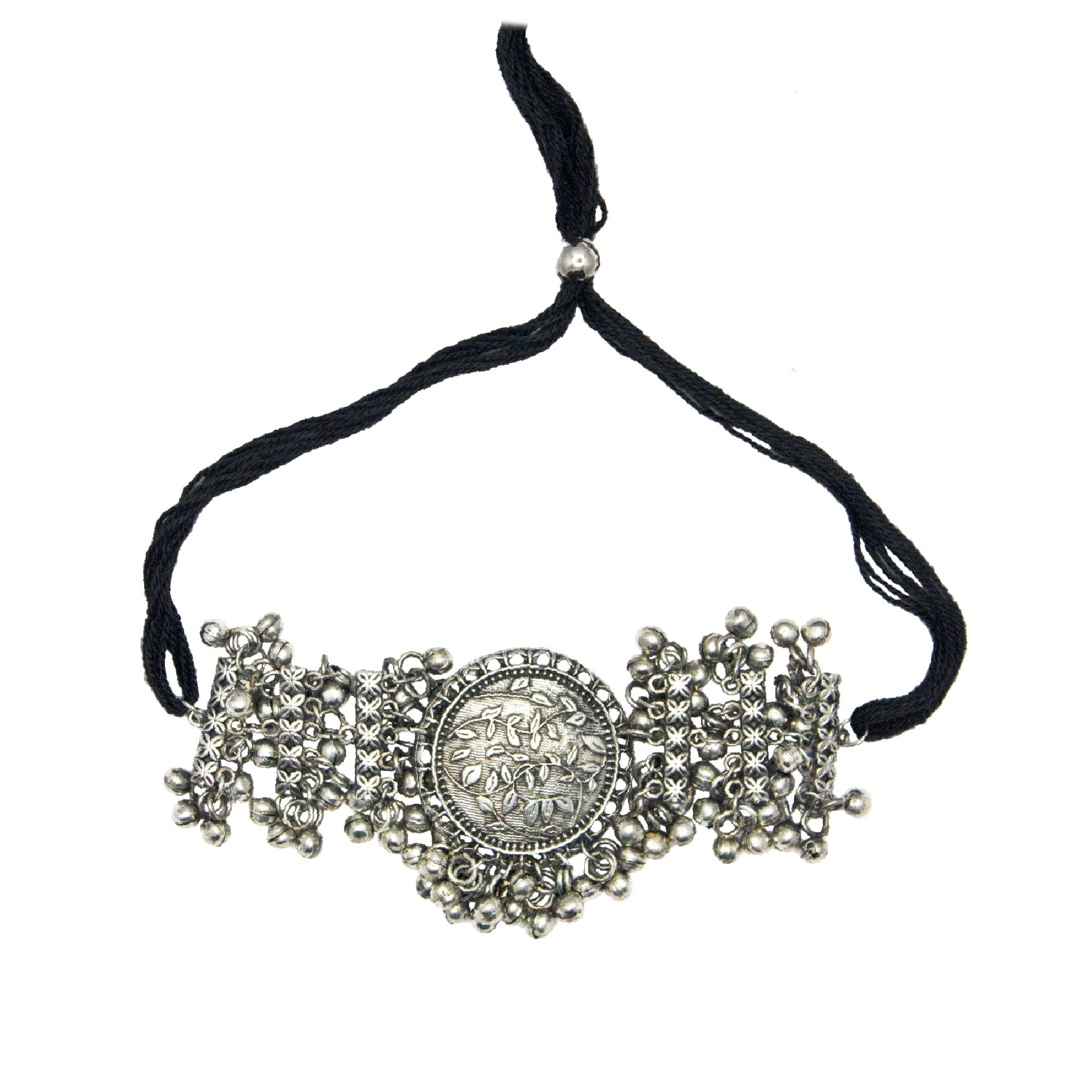 Abhinn Beautiful Silver Oxidised Floral Design With Ghungroo Choker For Women 