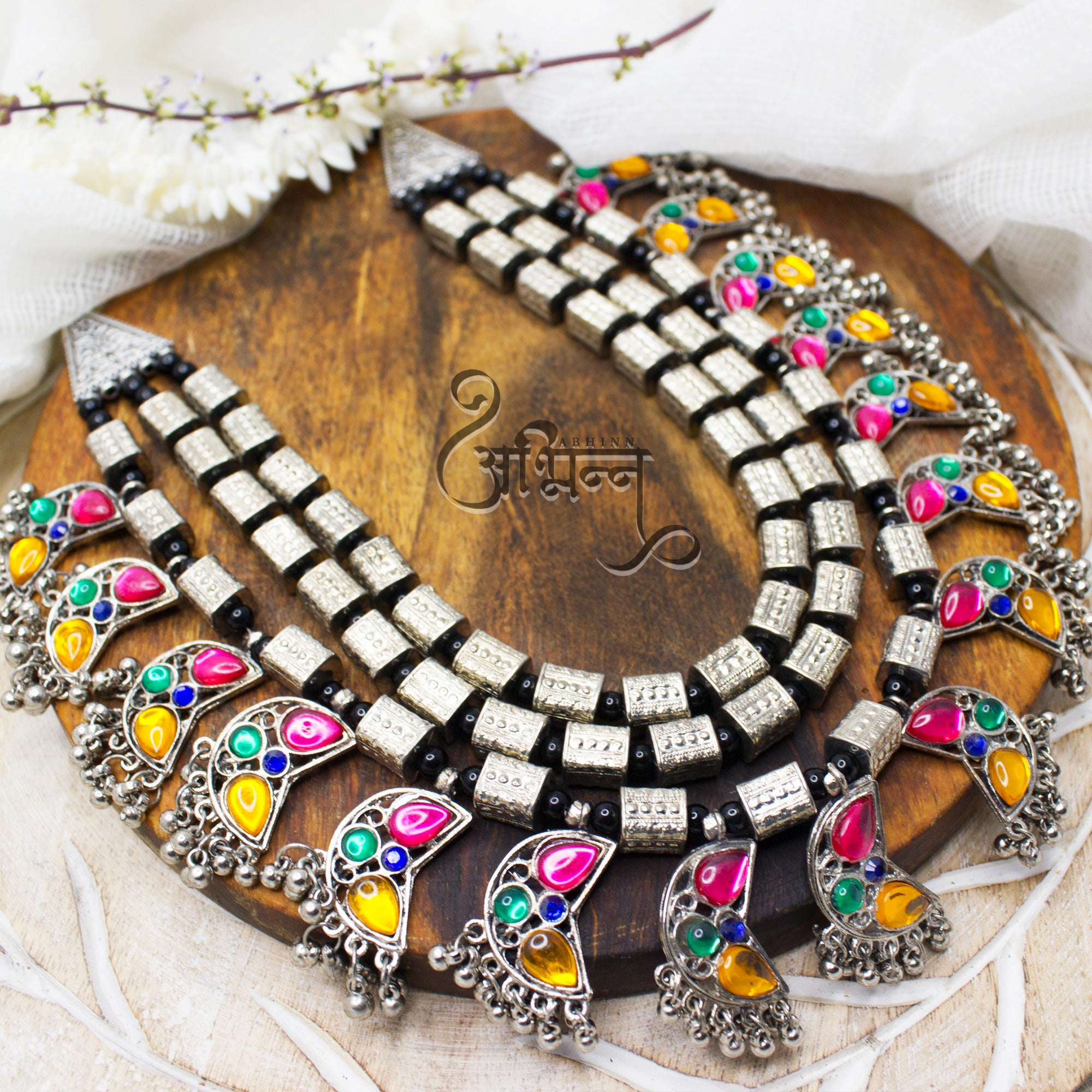 Abhinn Silver Oxidised Triple Layer Necklace Studded With CZ Stones Online
