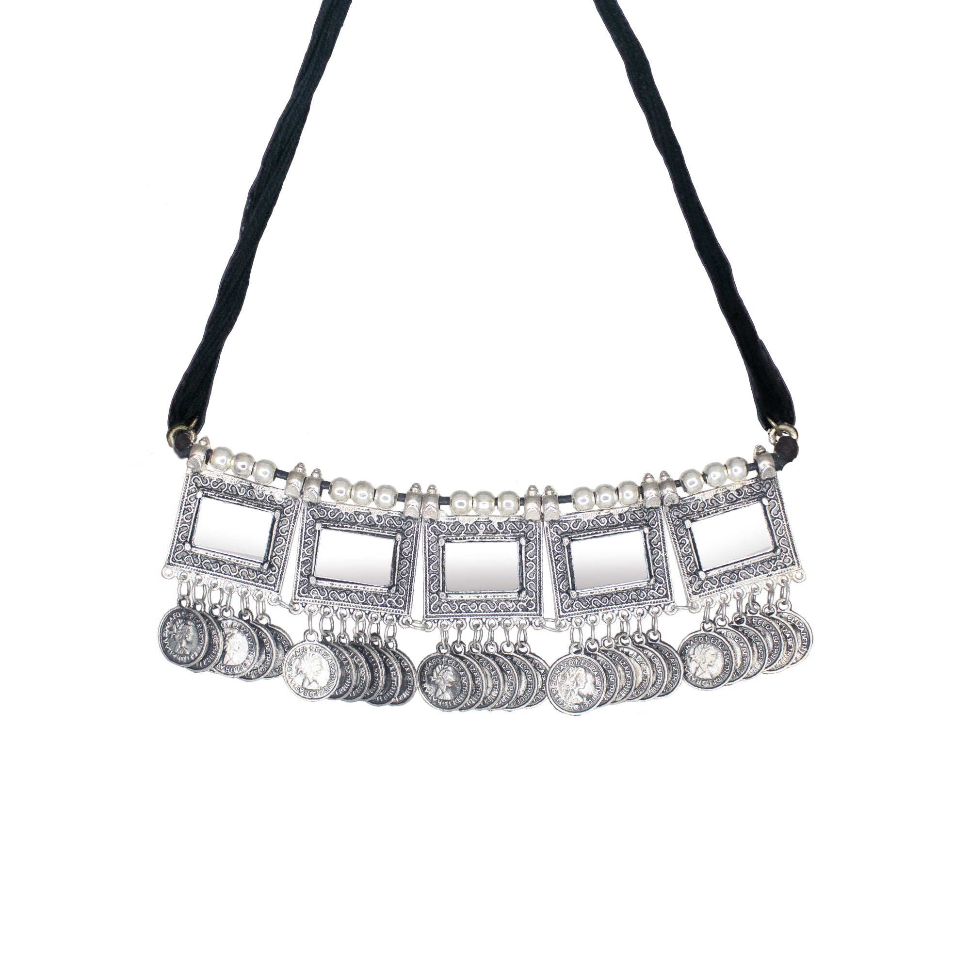 Abhinn Silver Oxidised Temple Design Necklace With Mirror For Women